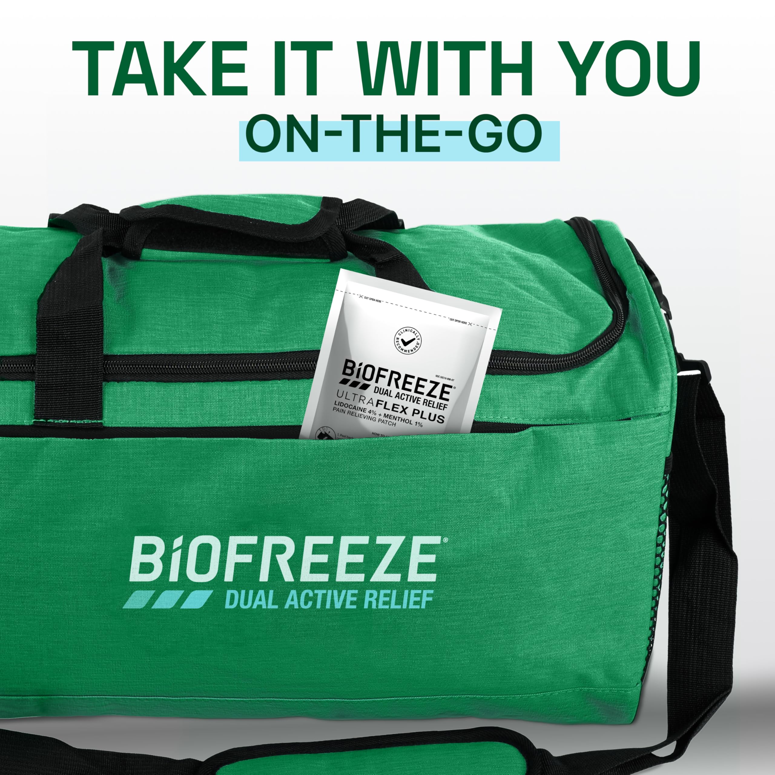 Biofreeze parche en uso nocturno sobre hombro ilustrando confort y adherencia durante sueño