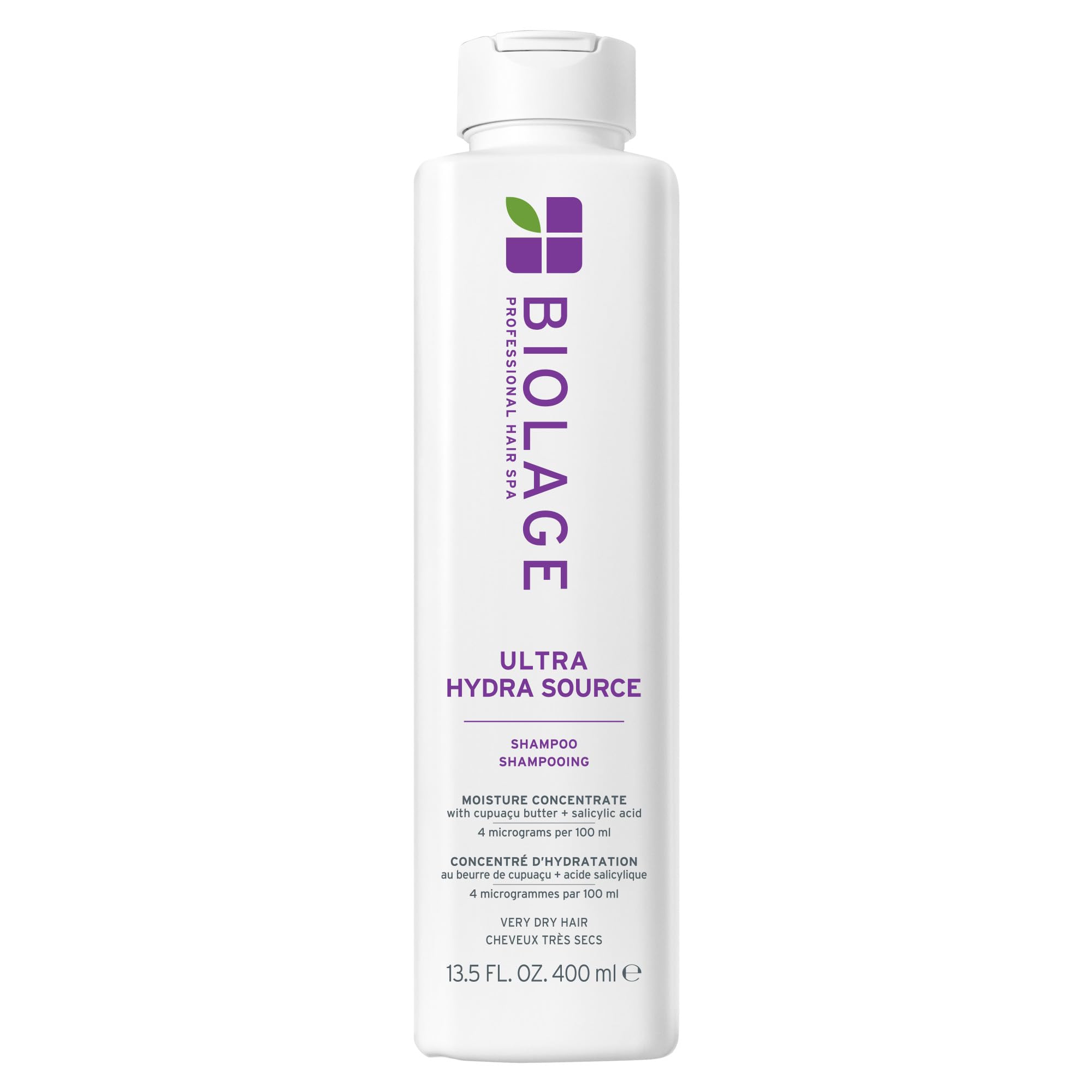 Biolage champú Ultra Hydra Source frontal, envase y beneficio hidratación