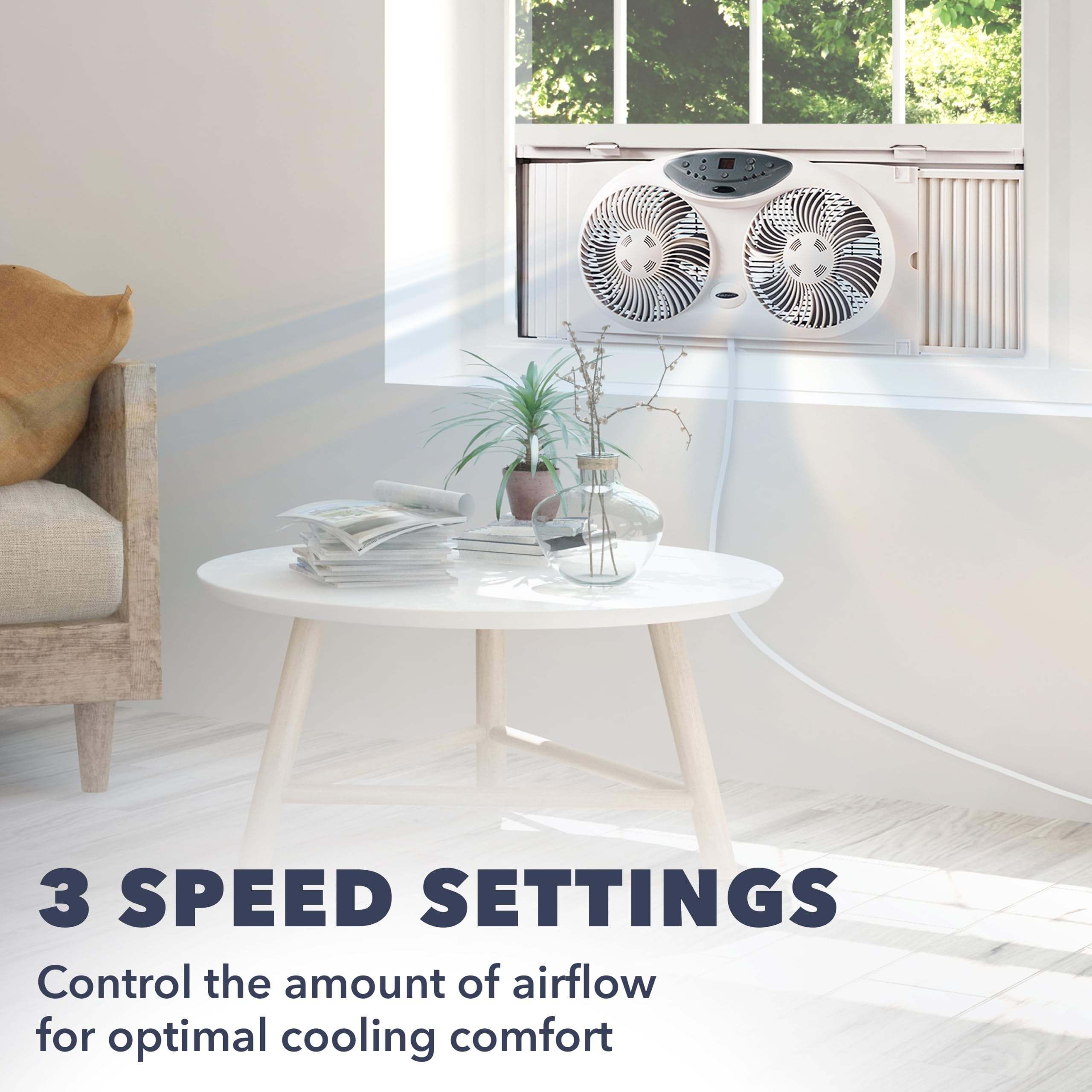 Bionaire ventilador instalado en dormitorio, crea ambiente fresco y silencioso