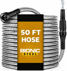 BIONIC STEEL frente del empaque mostrando manguera duradera y beneficios