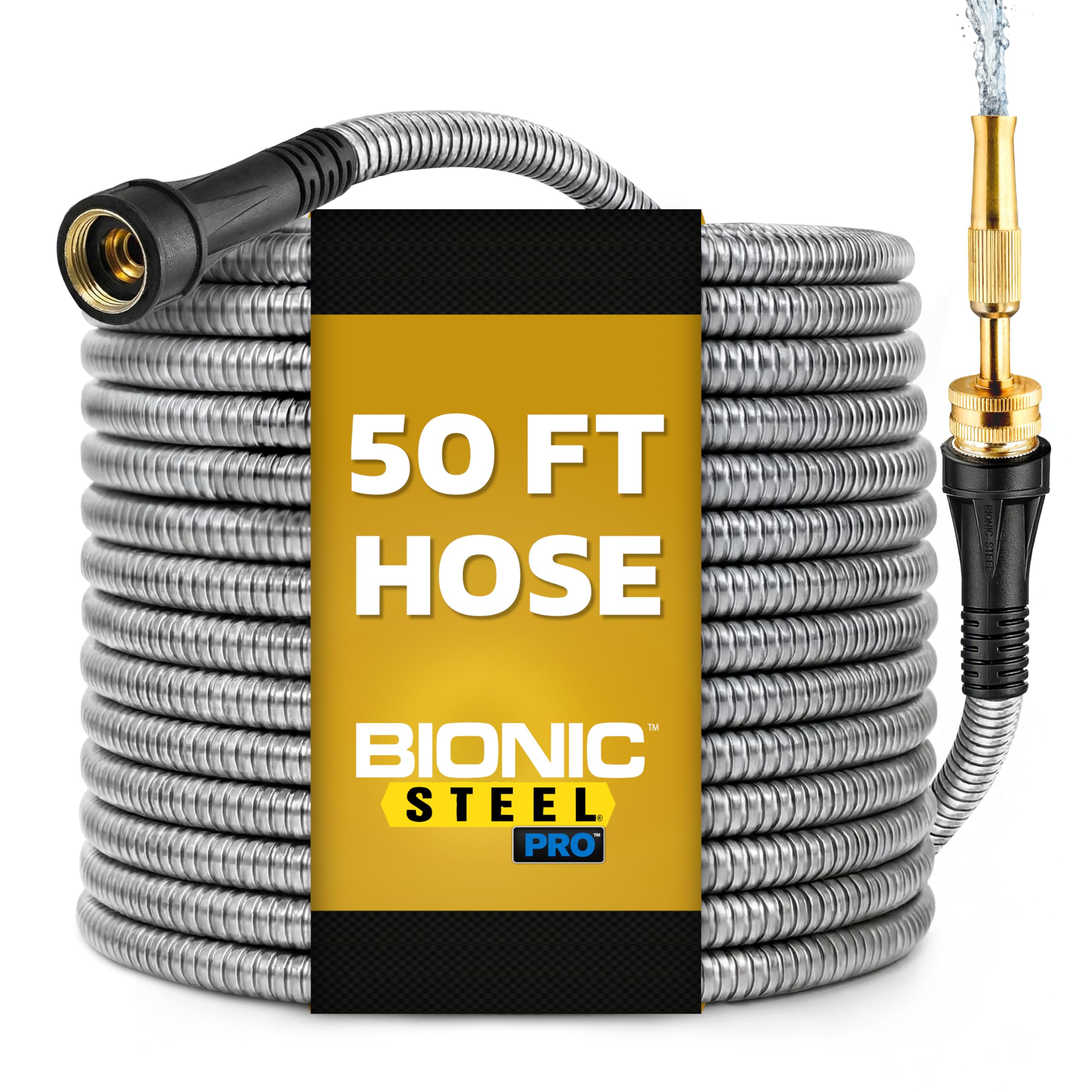 BIONIC STEEL vista frontal del paquete mostrando la manguera robusta y lista