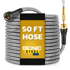 BIONIC STEEL vista frontal del paquete mostrando la manguera robusta y lista