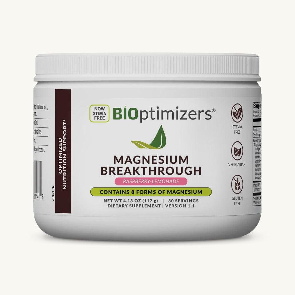 BIOptimizers envase frontal del Magnesium Breakthrough que muestra sabor y beneficios