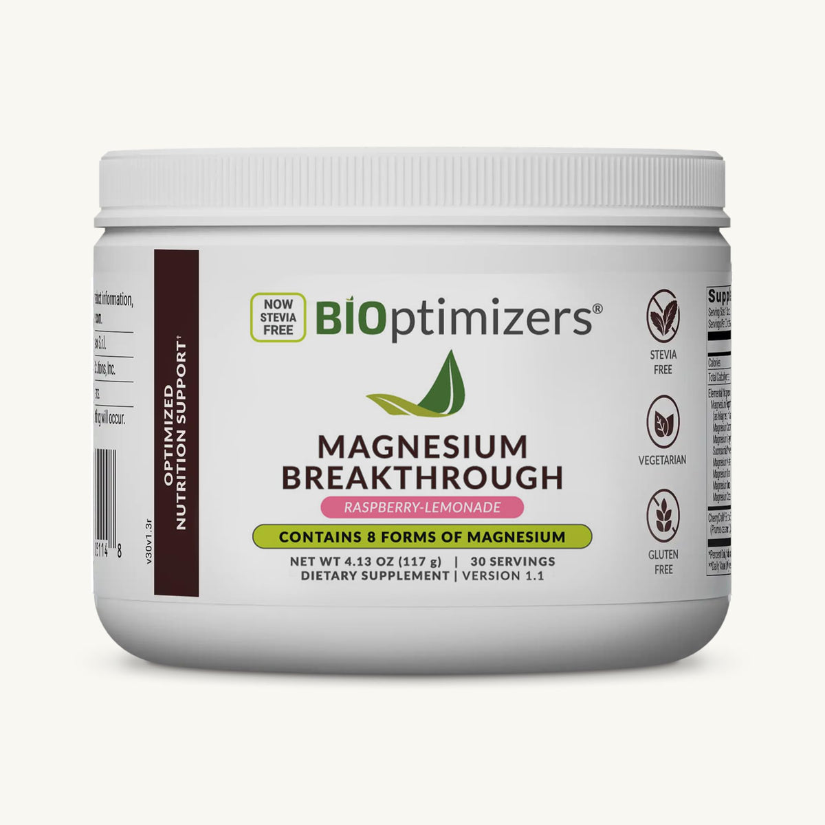 BIOptimizers envase frontal del Magnesium Breakthrough que muestra sabor y beneficios