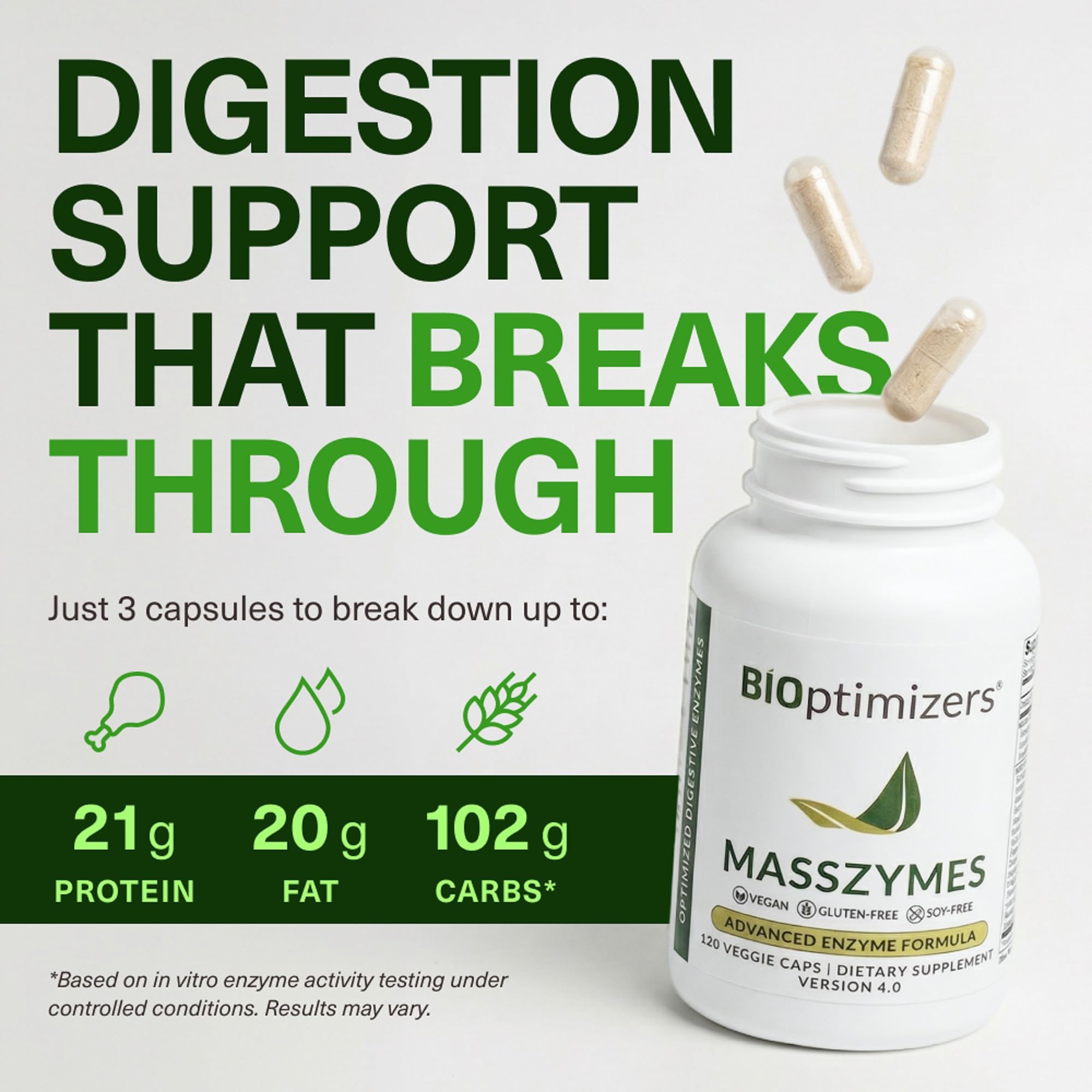 BIOptimizers MassZymes etiqueta con lista de enzimas y potencias