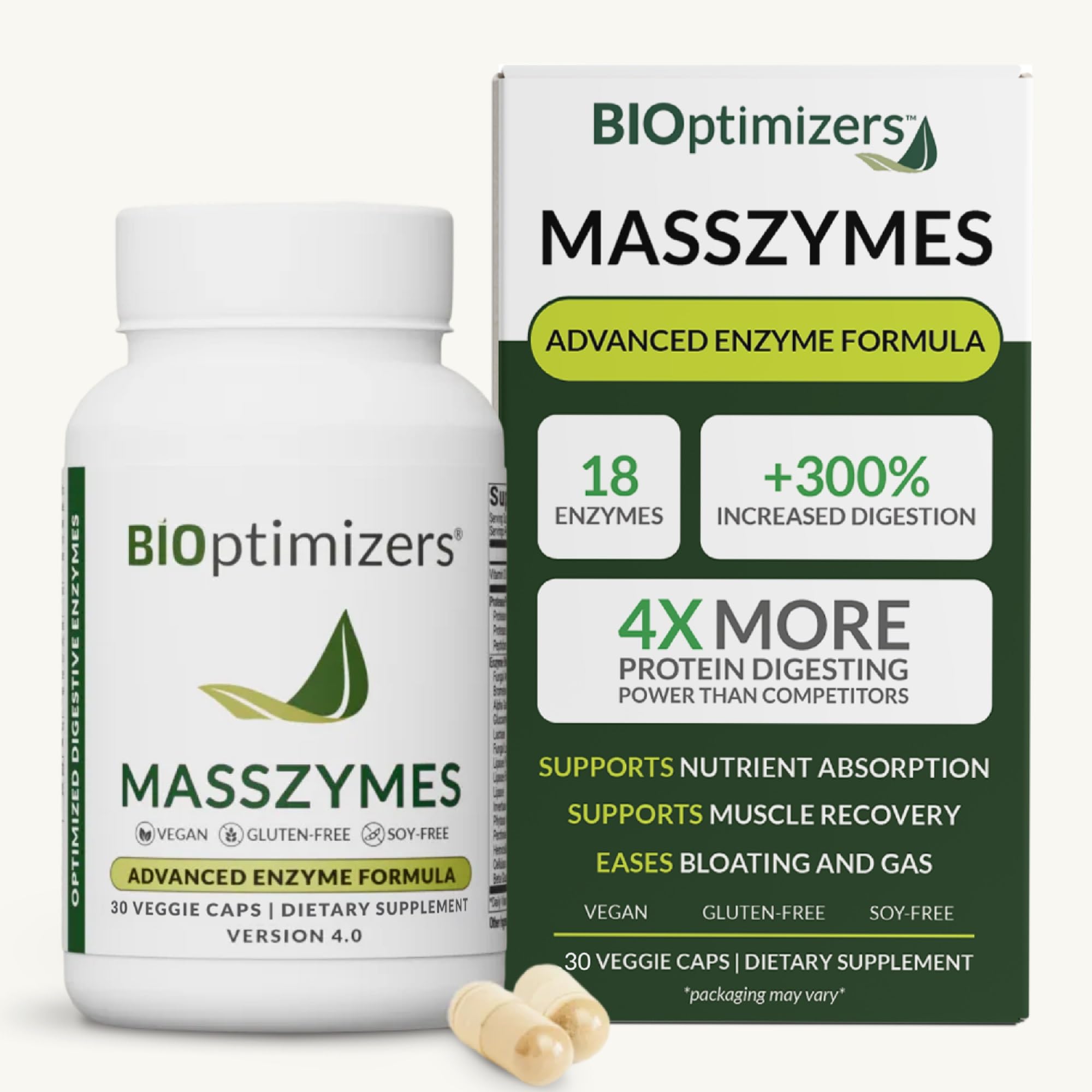 BIOptimizers MassZymes frasco frontal, presentación clara y profesional