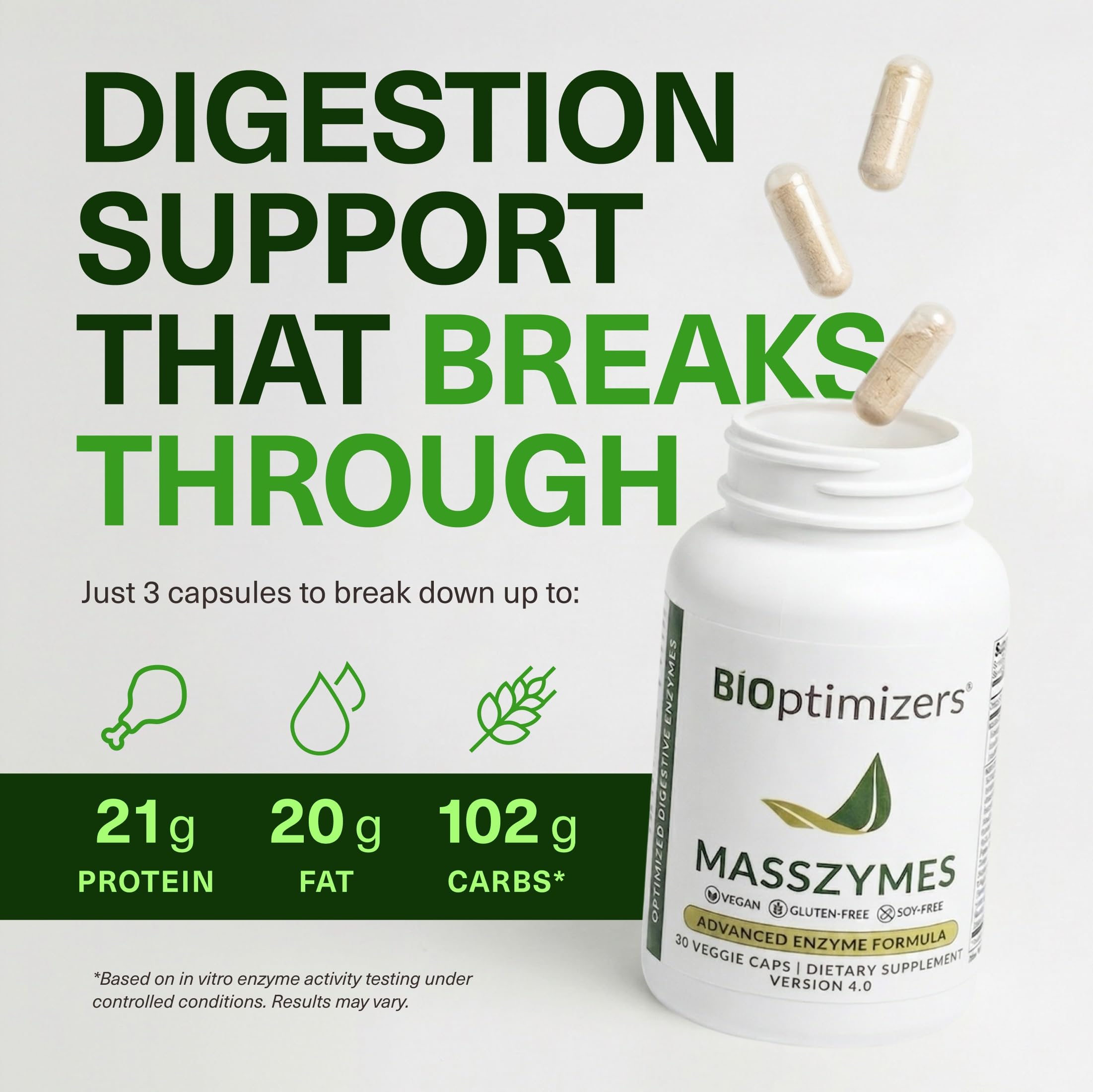 BIOptimizers MassZymes cápsula en mano, fácil de tomar y transportar
