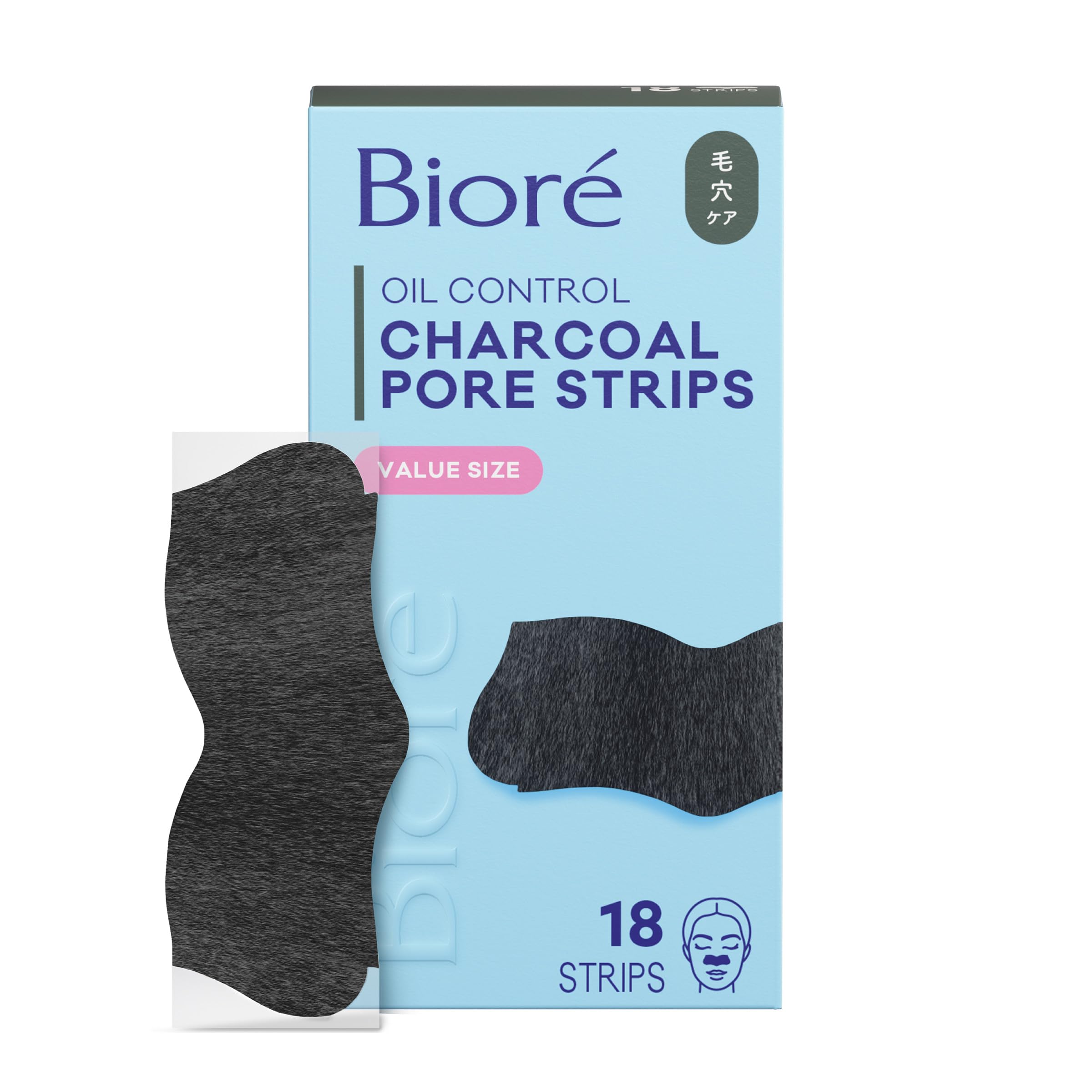 Bioré empaque frontal mostrando 18 tiras y beneficios visibles
