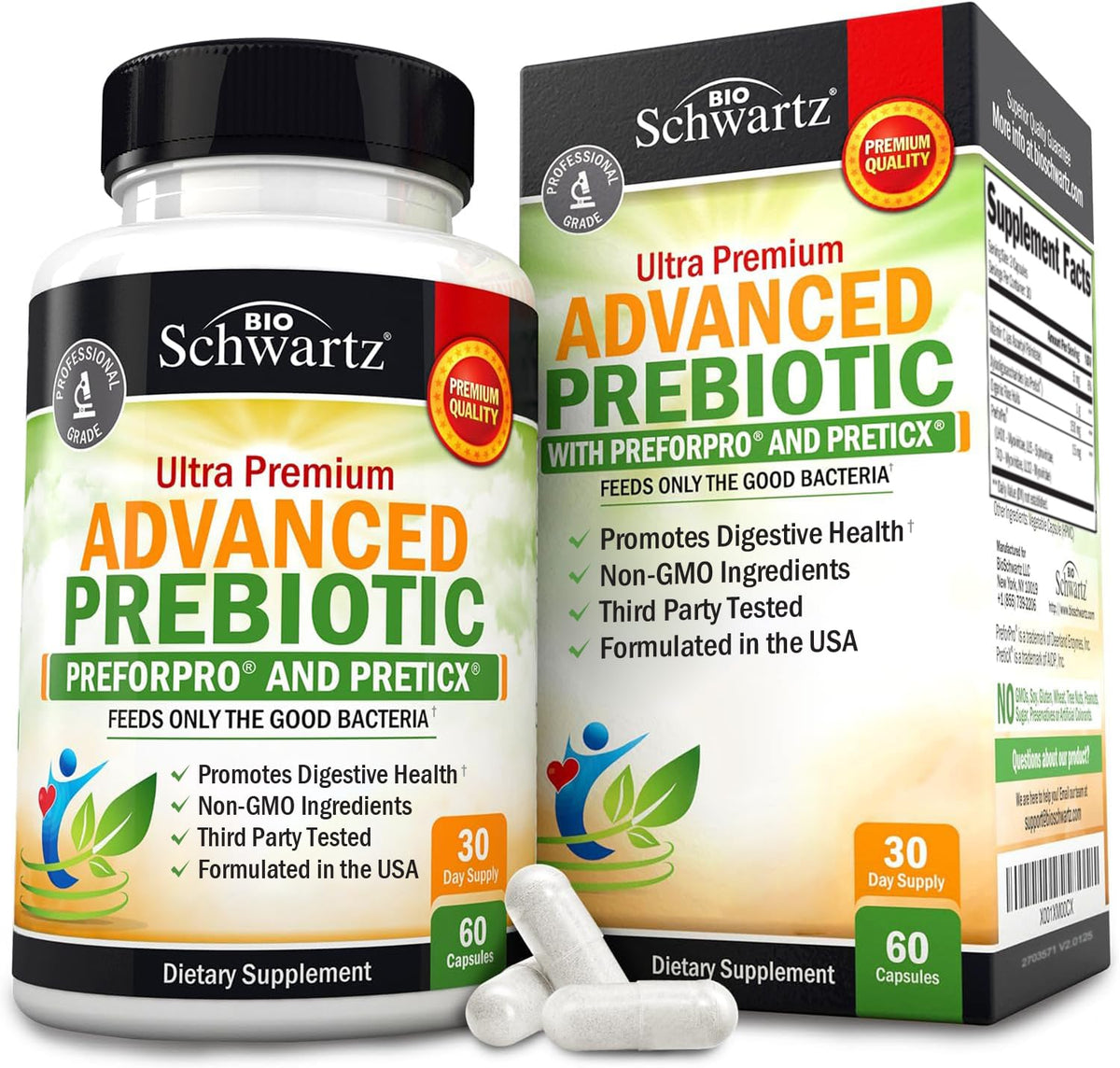 BioSchwartz empaque frontal mostrando suplemento prebiótico beneficiando digestión