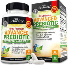 BioSchwartz empaque frontal mostrando suplemento prebiótico beneficiando digestión
