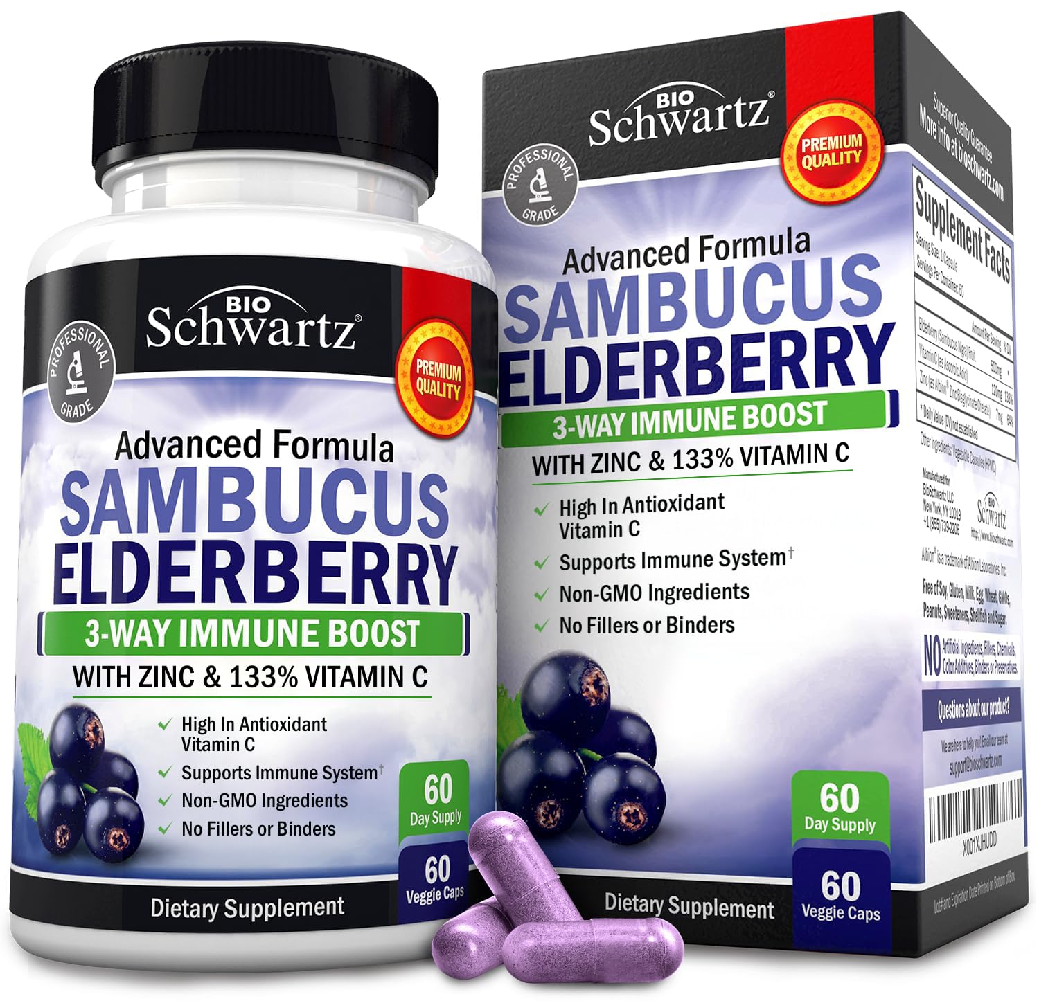 BioSchwartz frasco Elderberry con cápsulas, presentación clara y profesional
