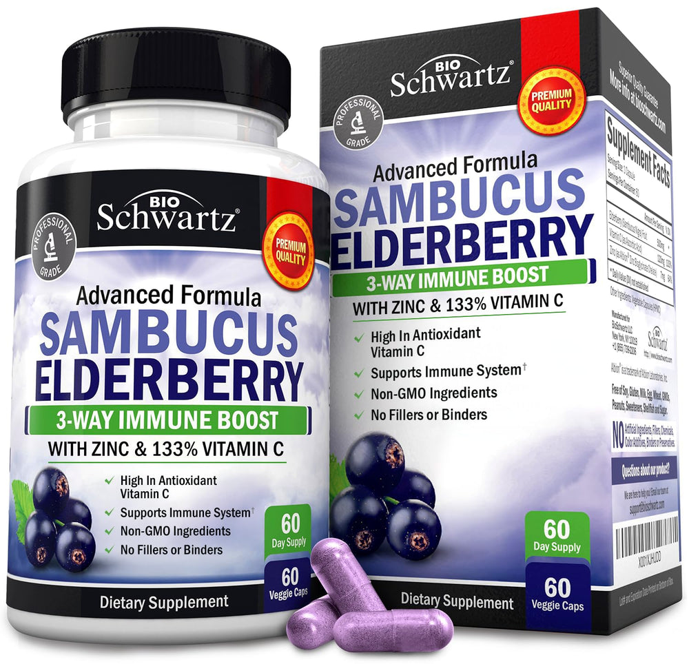 BioSchwartz frasco Elderberry con cápsulas, presentación clara y profesional