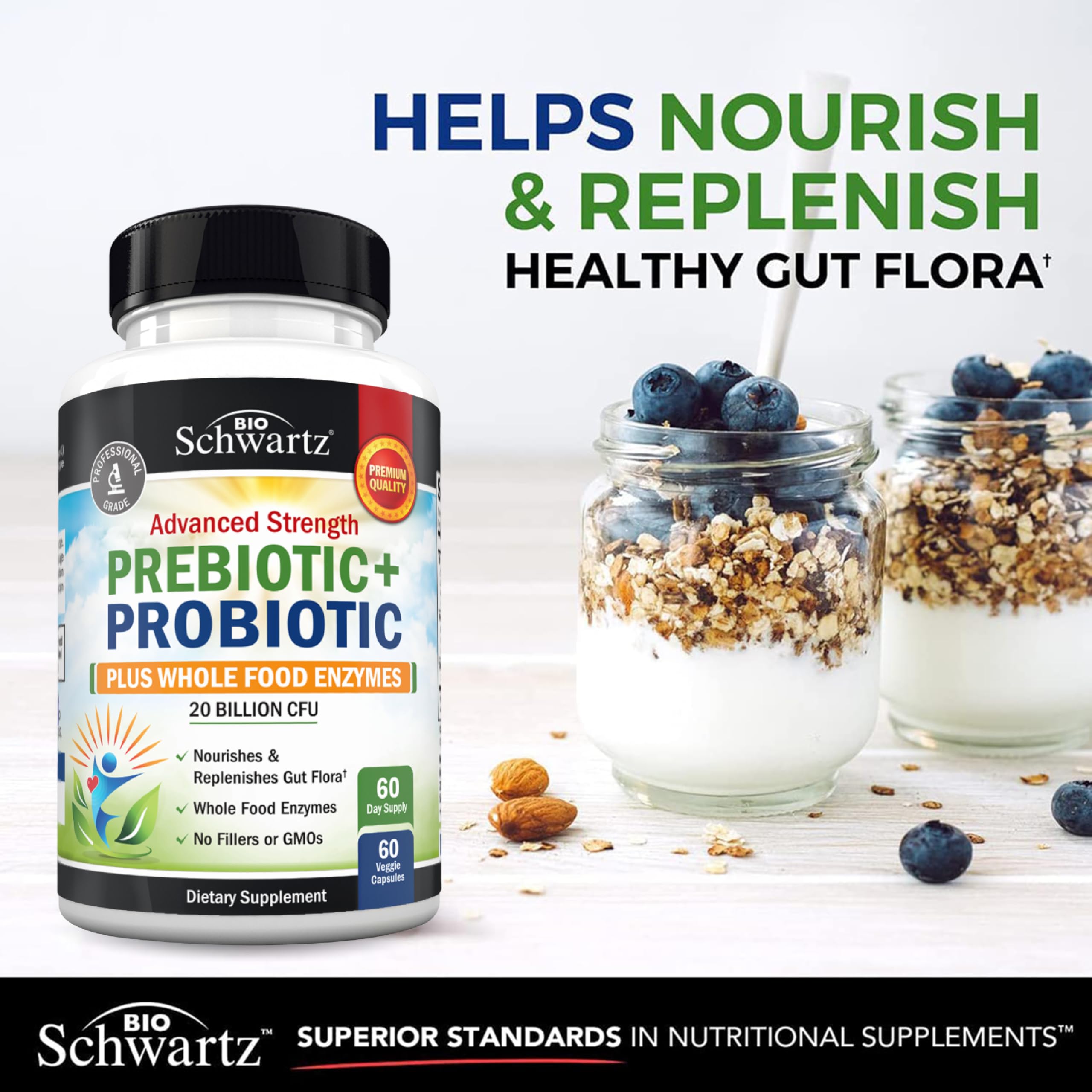 BioSchwartz lista de ingredientes destacando probióticos y prebióticos