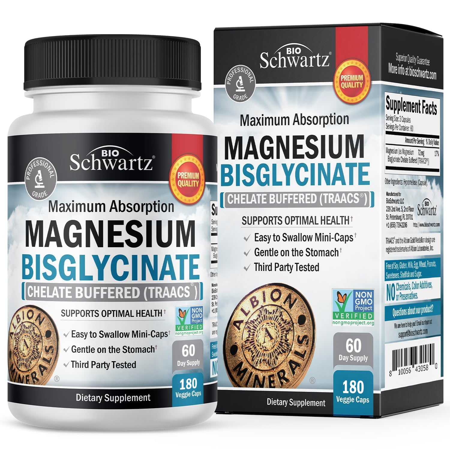 BioSchwartz frasco frontal del magnesio bisglicinato con beneficio de alta absorción