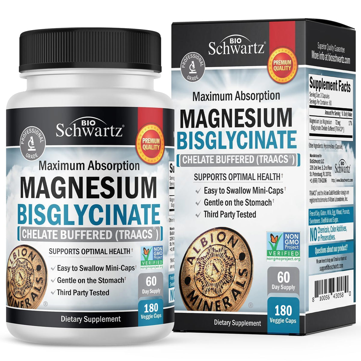 BioSchwartz frasco frontal del magnesio bisglicinato con beneficio de alta absorción