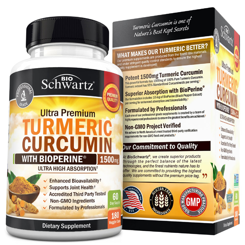BioSchwartz polvo de cúrcuma curcumina al 95% en primer plano, pureza y textura