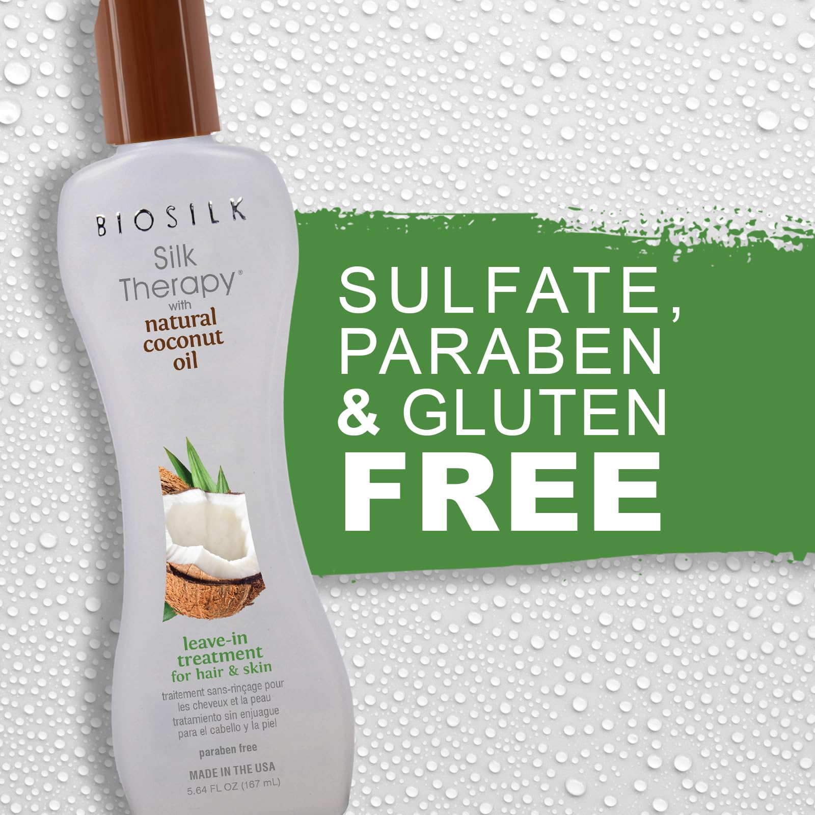 BioSilk etiqueta con ingredientes destacando aceite de coco y proteínas de seda