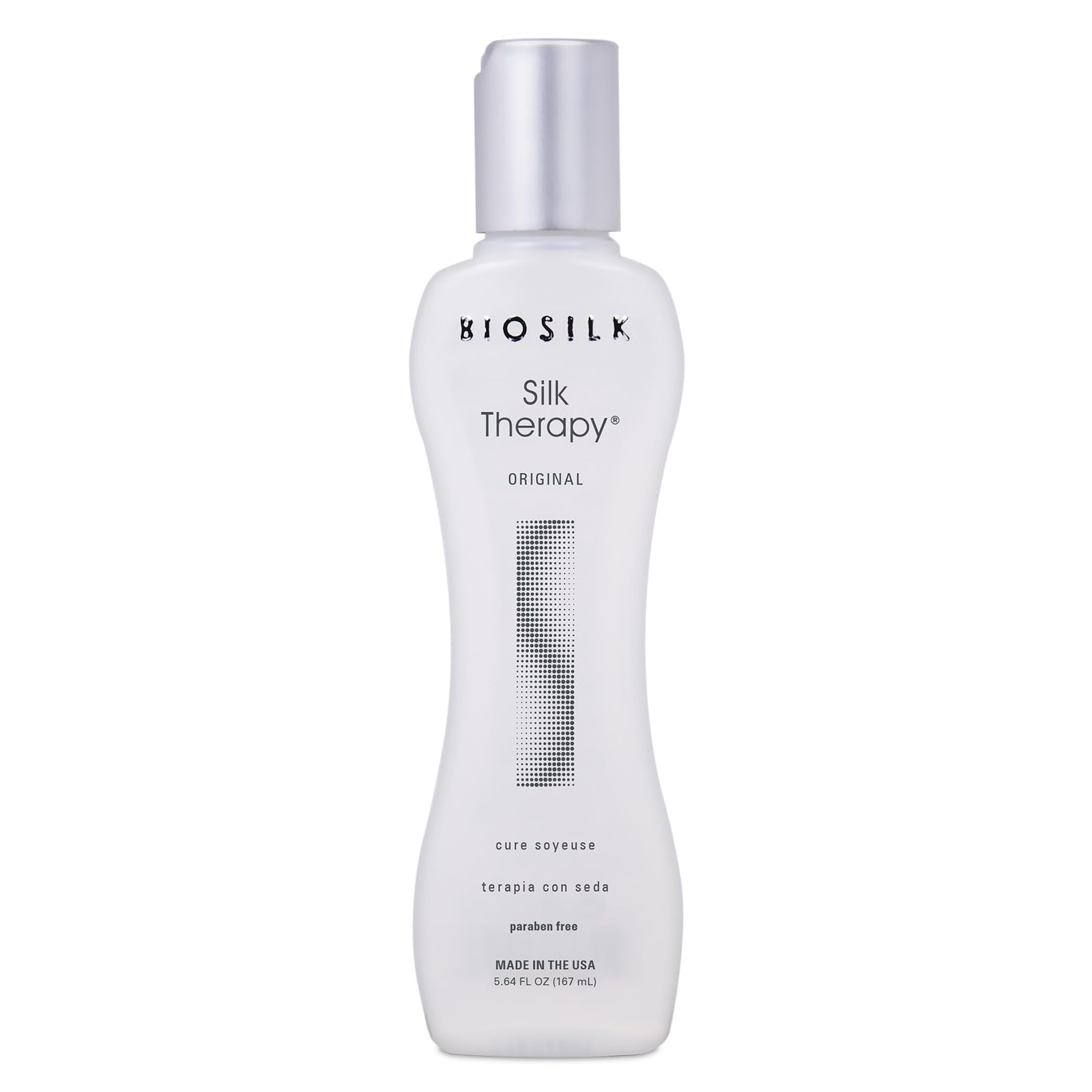 BioSilk botella frontal mostrando etiqueta y beneficio de brillo