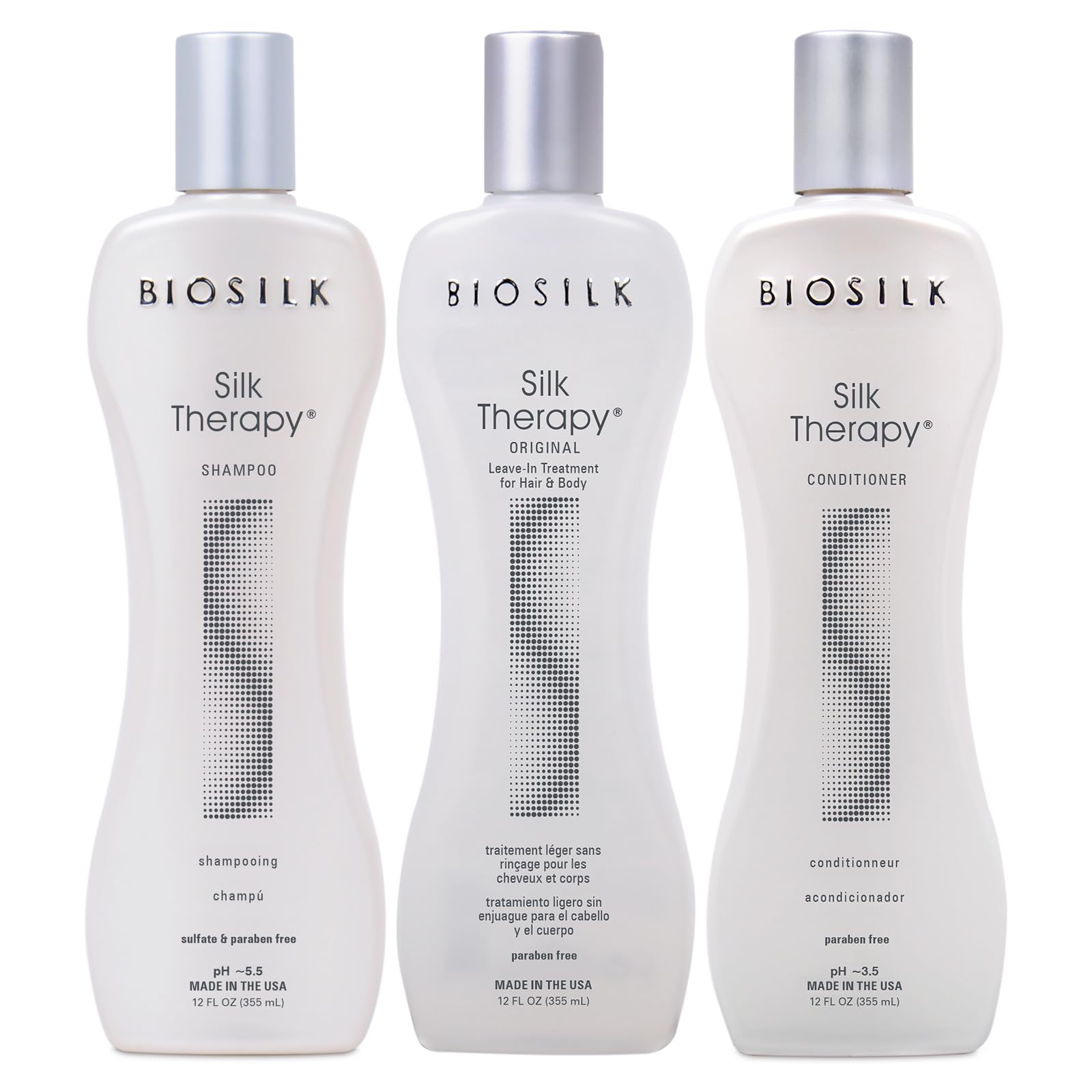 BioSilk kit frontal con champú, acondicionador y sérum mostrando envases y beneficios