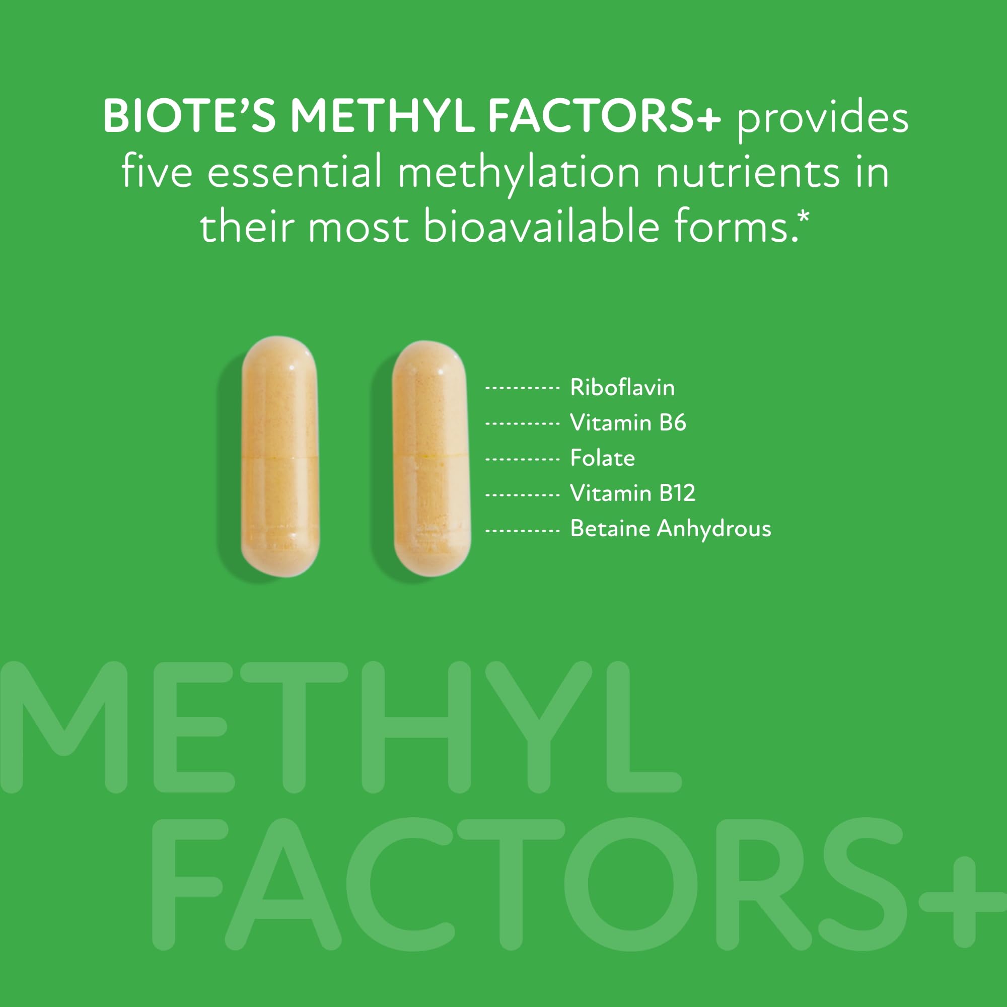 Biote Methyl Factors cápsulas cerca mostrando textura y facilidad de ingestión