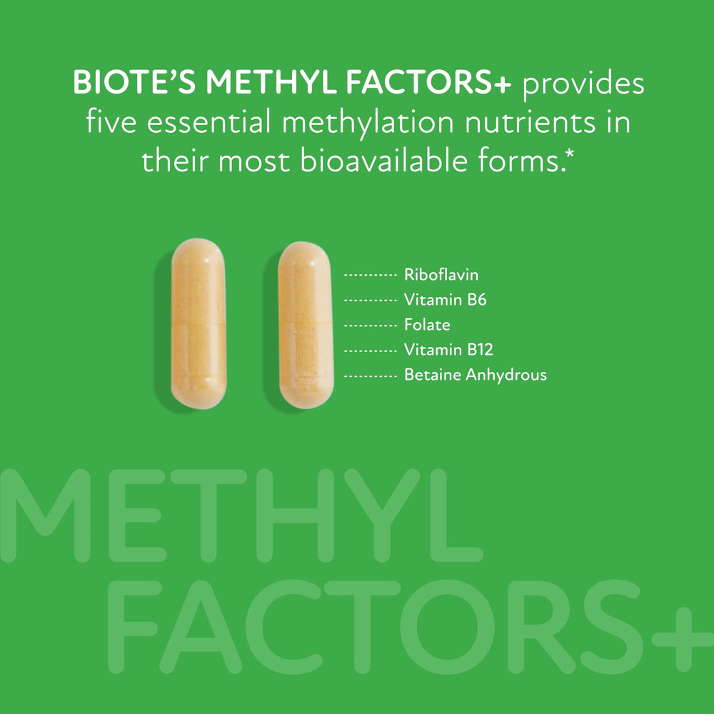 Biote Methyl Factors cápsulas cerca mostrando textura y facilidad de ingestión