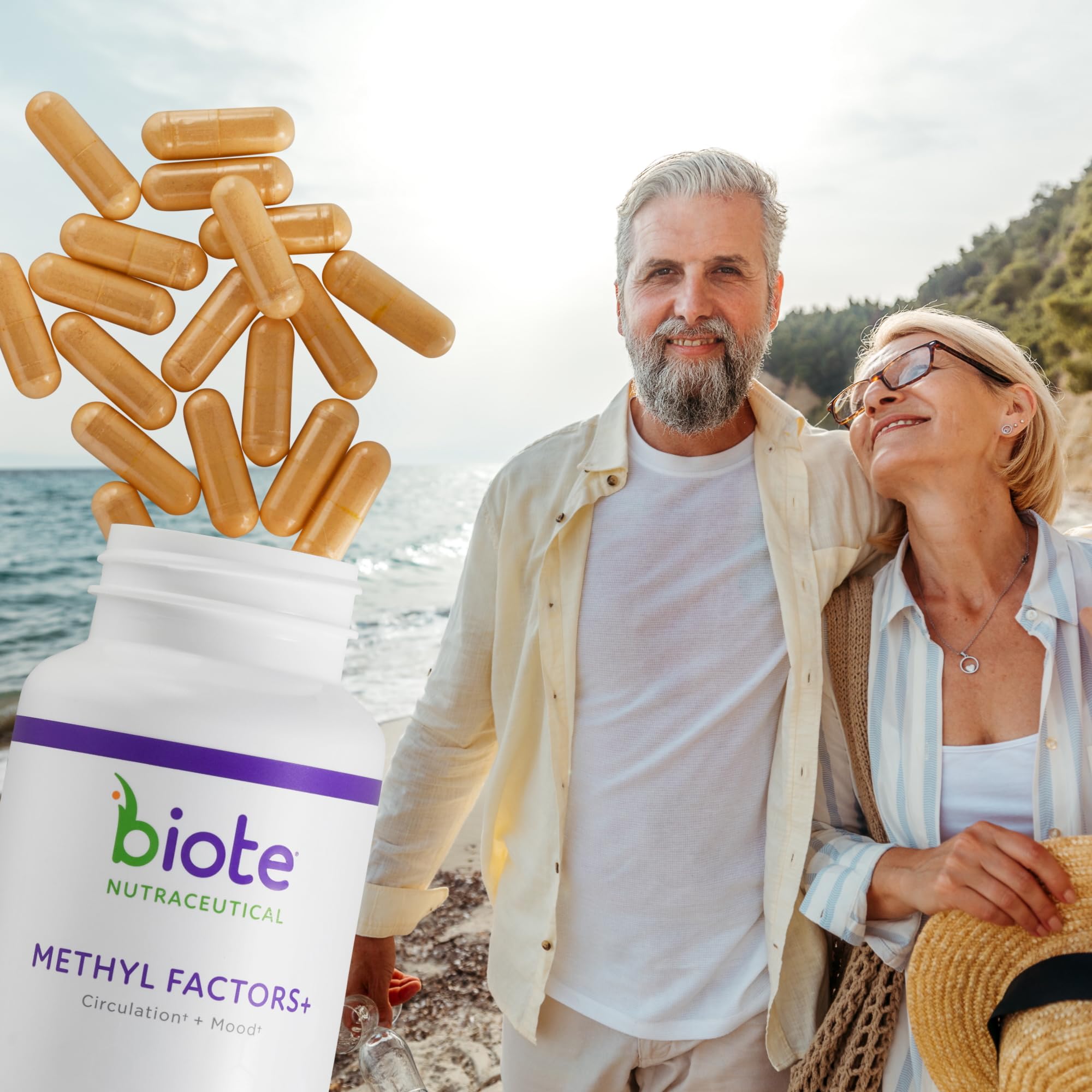 Biote Methyl Factors comparado en escala junto a moneda para visualizar tamaño y cantidad