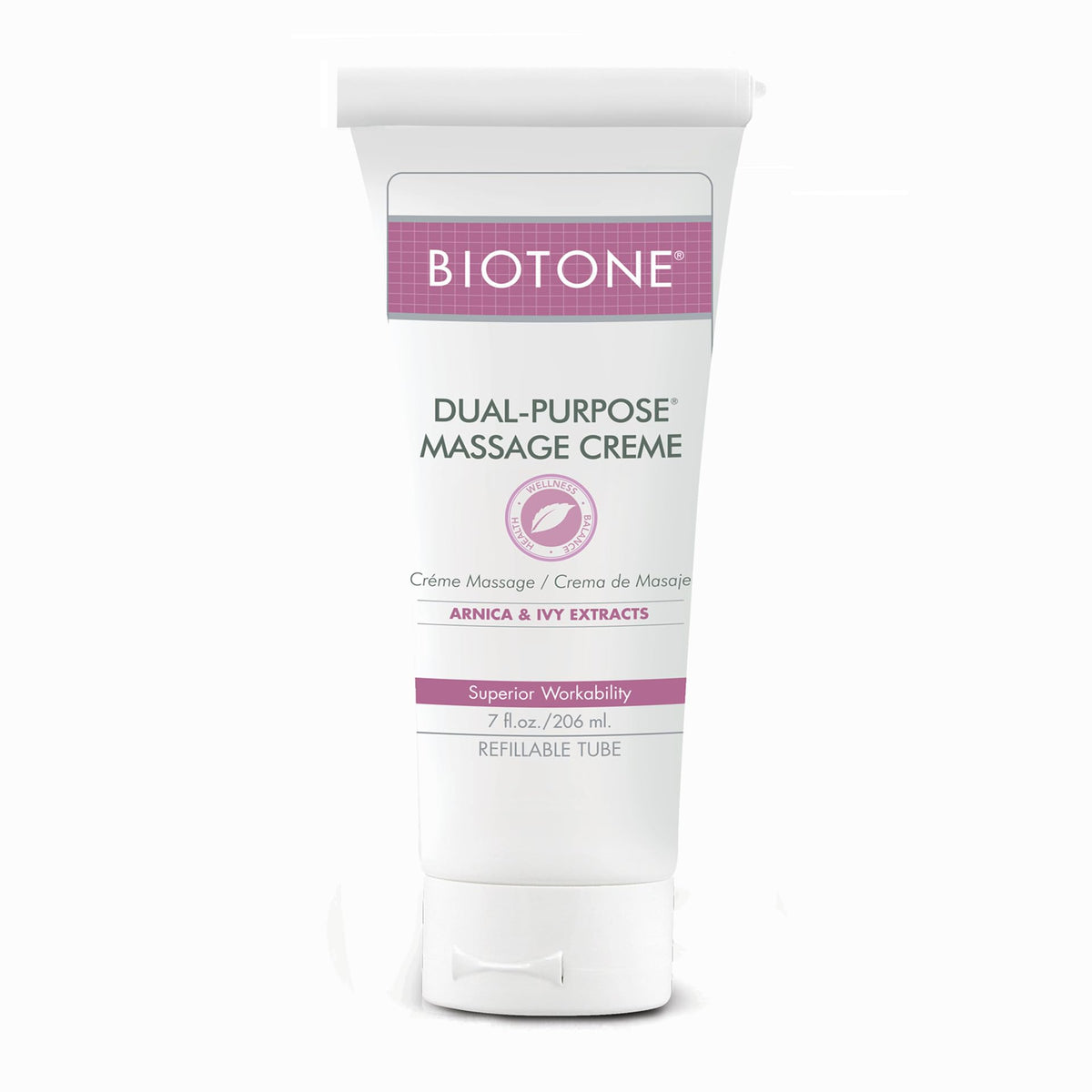 BIOTONE envase frontal de crème de masaje mostrando presentación profesional y beneficio práctico
