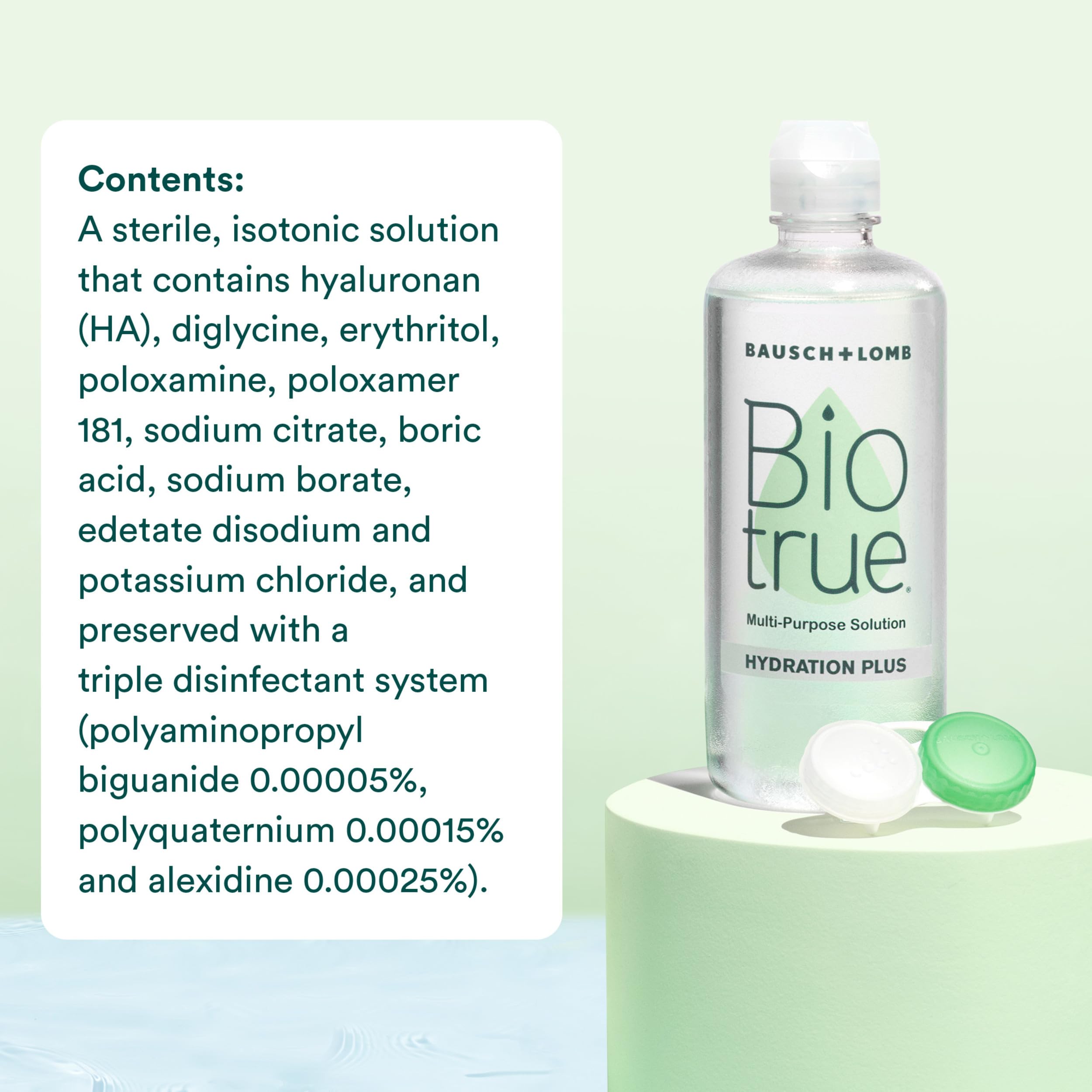 Biotrue etiqueta con ingredientes activos, resalta hialuronano y electrolitos
