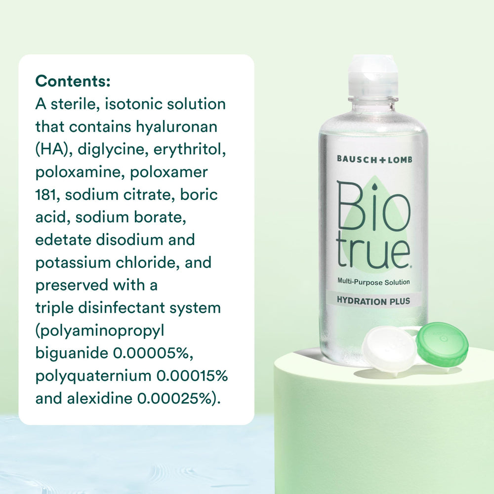 Biotrue etiqueta con ingredientes activos, resalta hialuronano y electrolitos