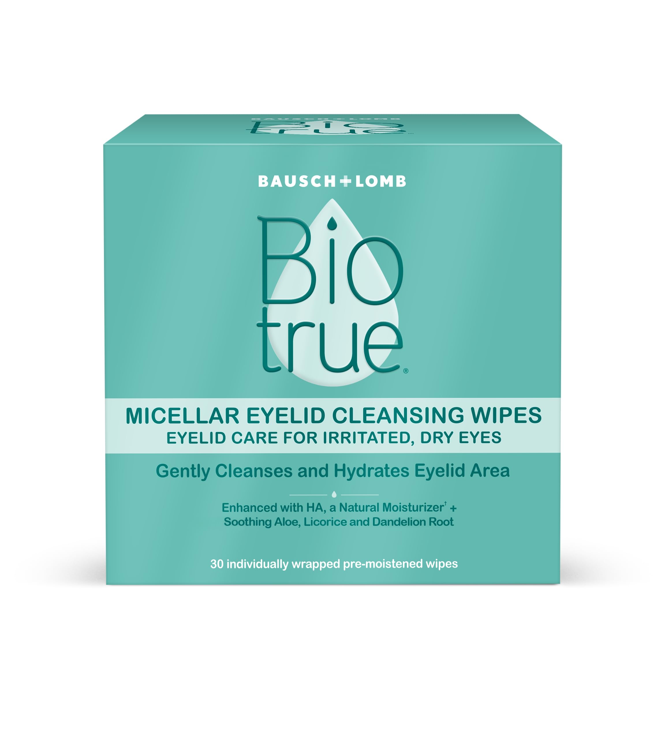 Biotrue pack frontal de toallitas para párpados mostrando diseño y cantidad