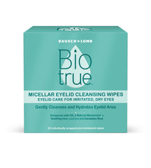 Biotrue pack frontal de toallitas para párpados mostrando diseño y cantidad