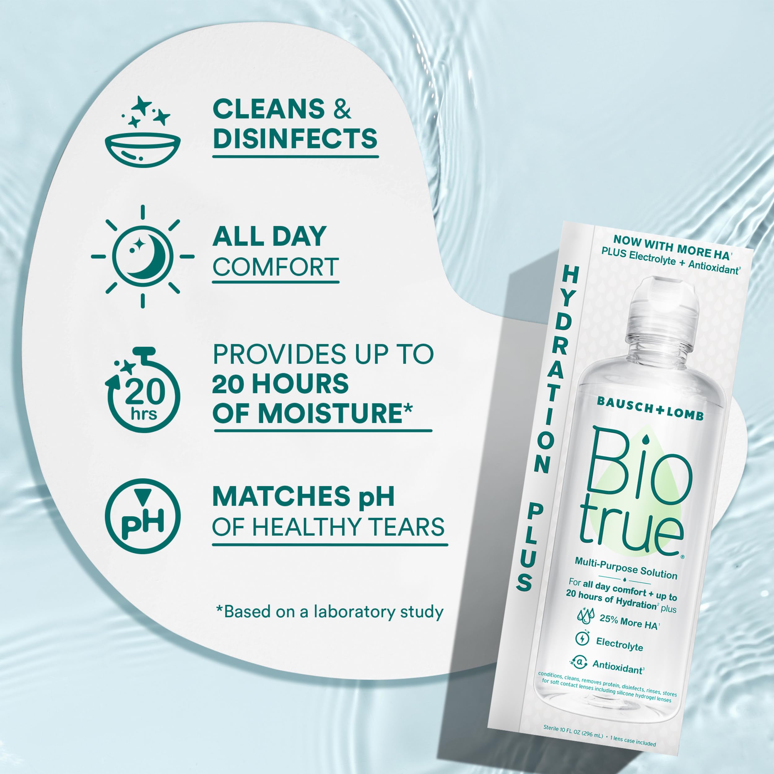 Biotrue manos colocando lente con solución, favorece comodidad al poner