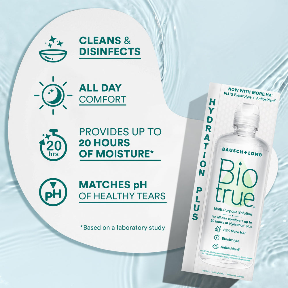 Biotrue manos colocando lente con solución, favorece comodidad al poner