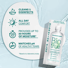 Biotrue manos colocando lente con solución, favorece comodidad al poner