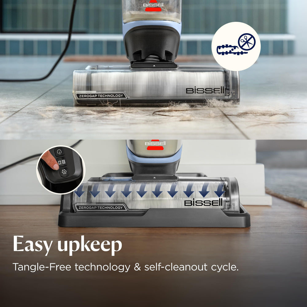 Bissell CrossWave Edge en uso sobre suelo de cocina mostrando succión y fregado simultáneo