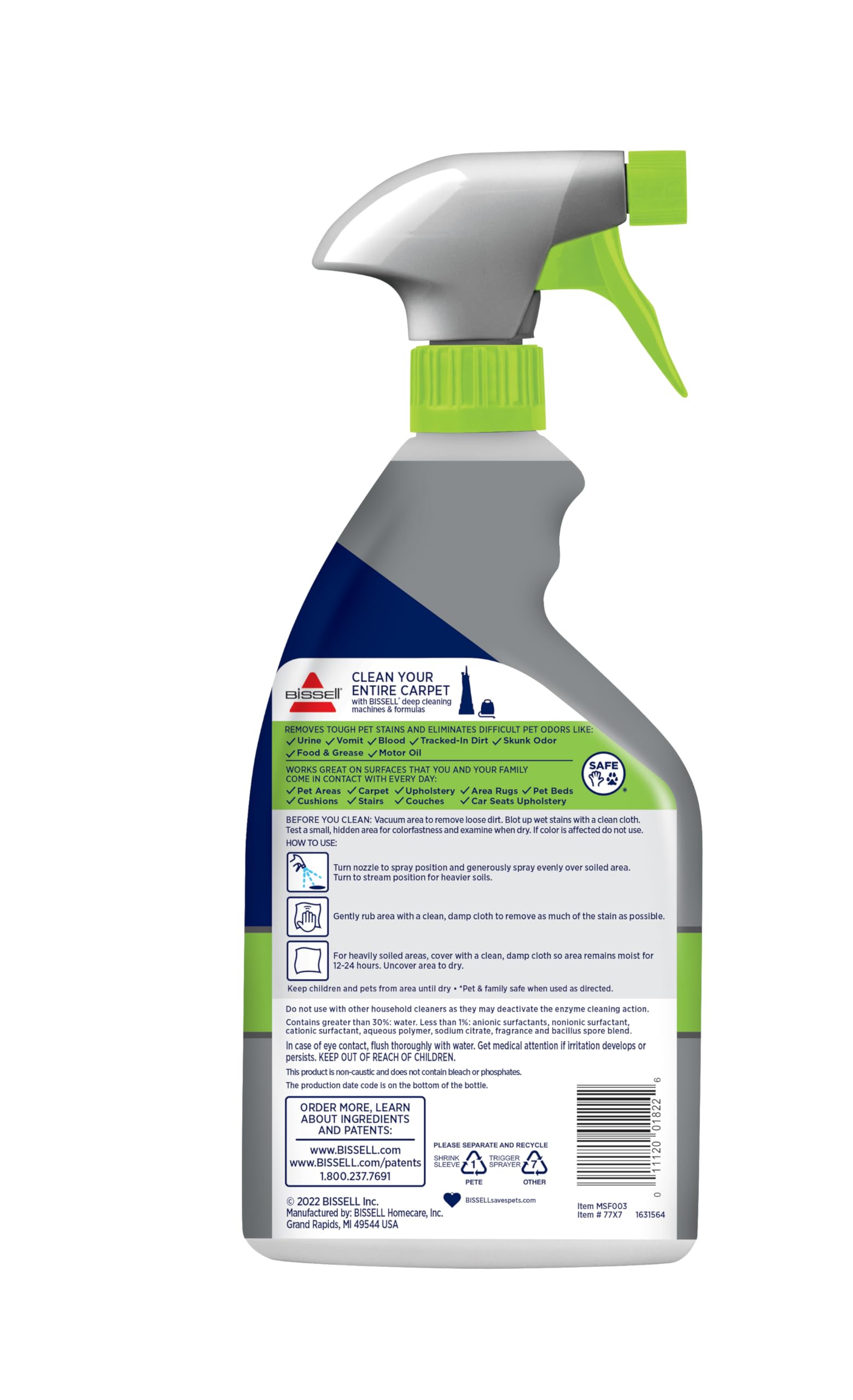 Bissell etiqueta con ingredientes y uso seguro, información clara