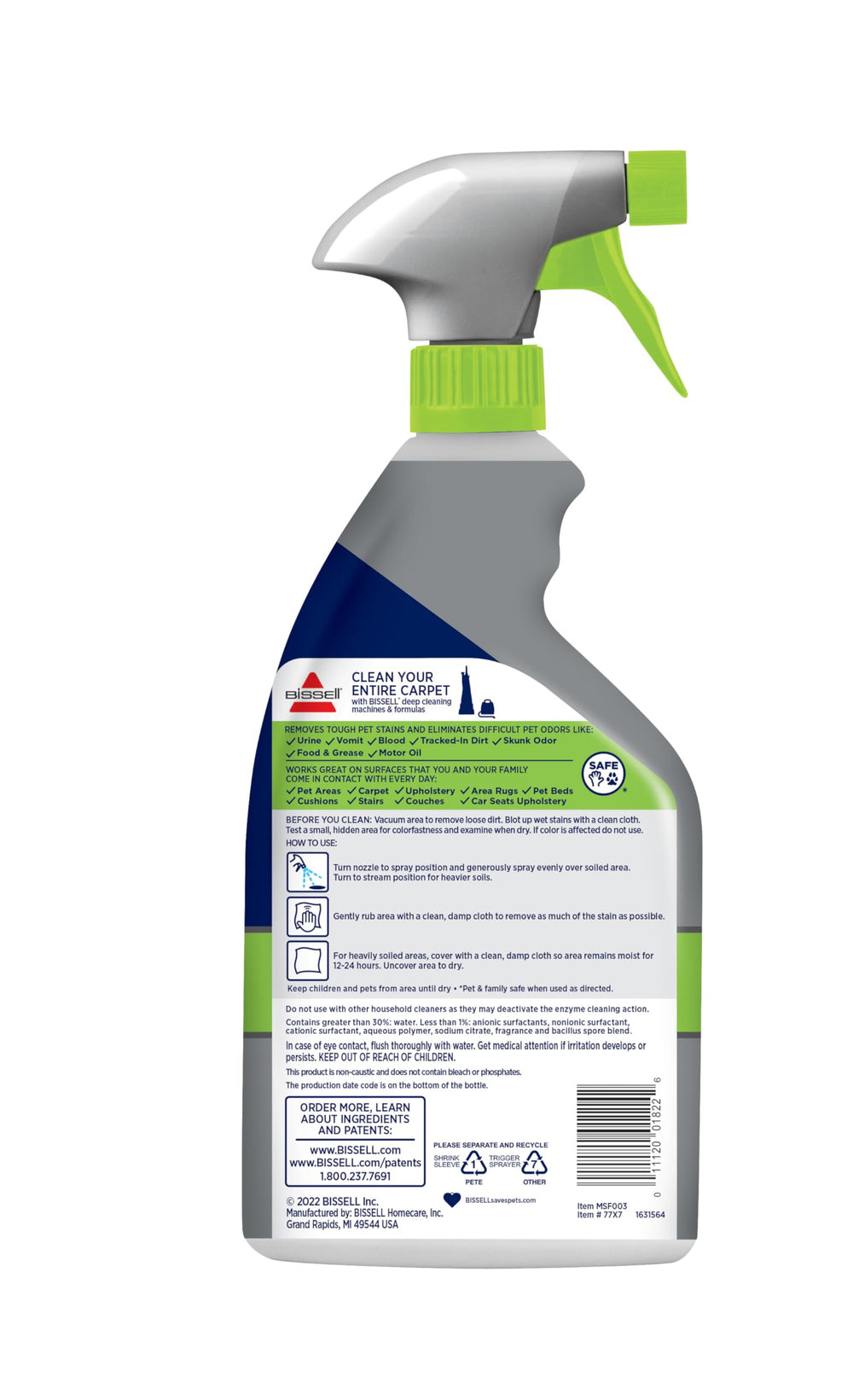 Bissell etiqueta con ingredientes y uso seguro, información clara