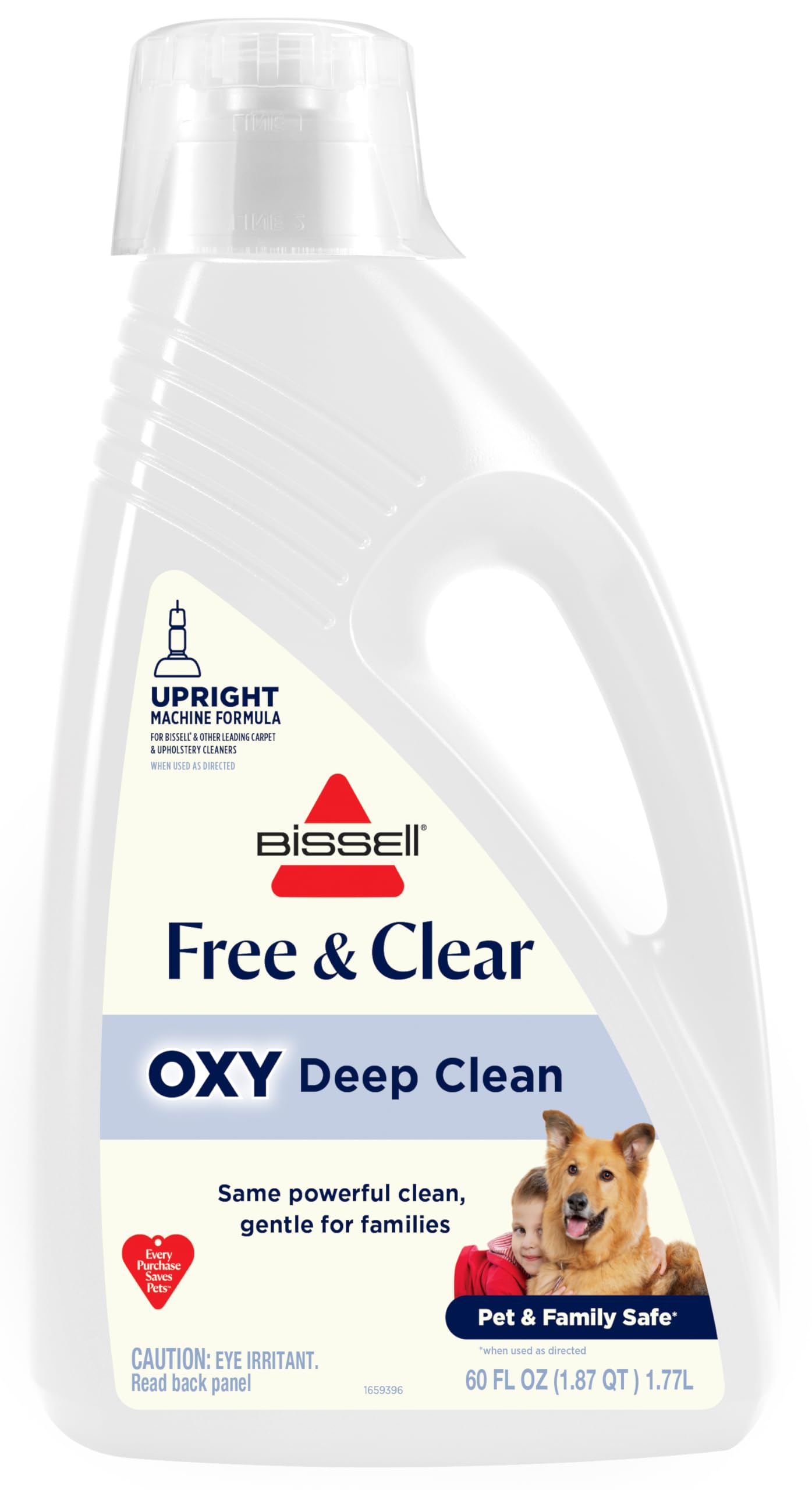 BISSELL botella frontal 60 oz mostrando etiqueta y capacidad, limpieza eficaz