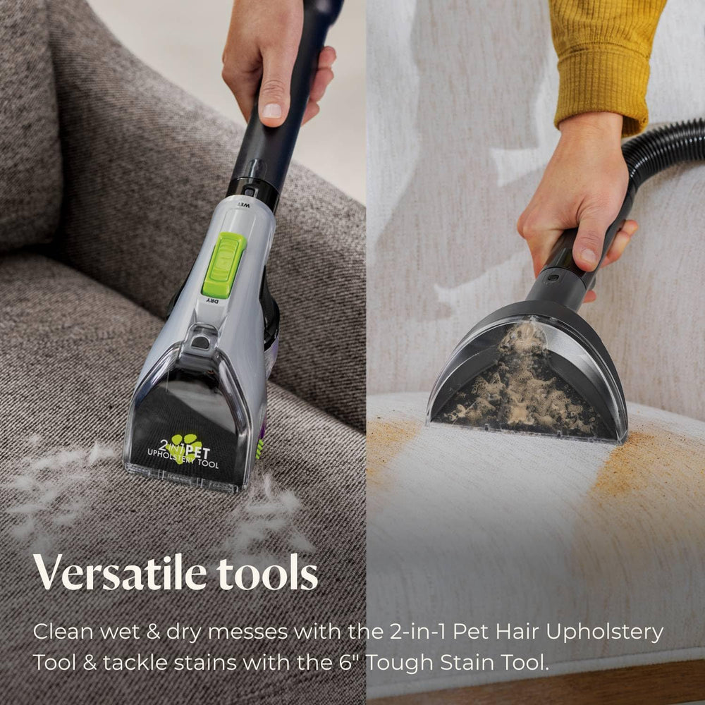 BISSELL herramientas incluidas mostrando la 2 en 1 y la Tough Stain para manchas