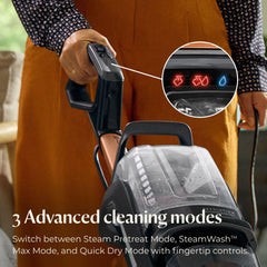 BISSELL tanque de agua y panel de controles con modos HydroSteam visibles