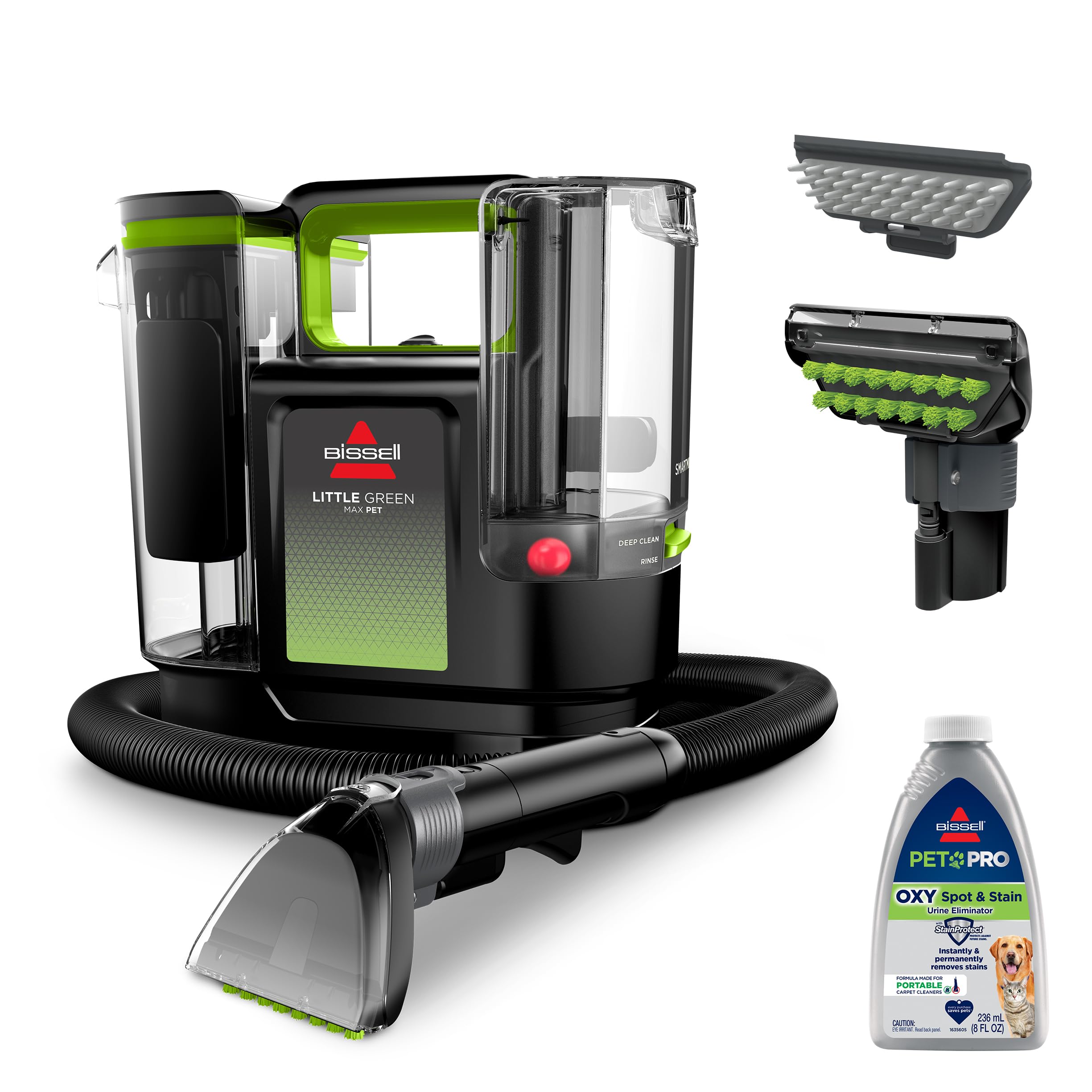 BISSELL Little Green Max Pet vista frontal mostrando diseño compacto y control fácil