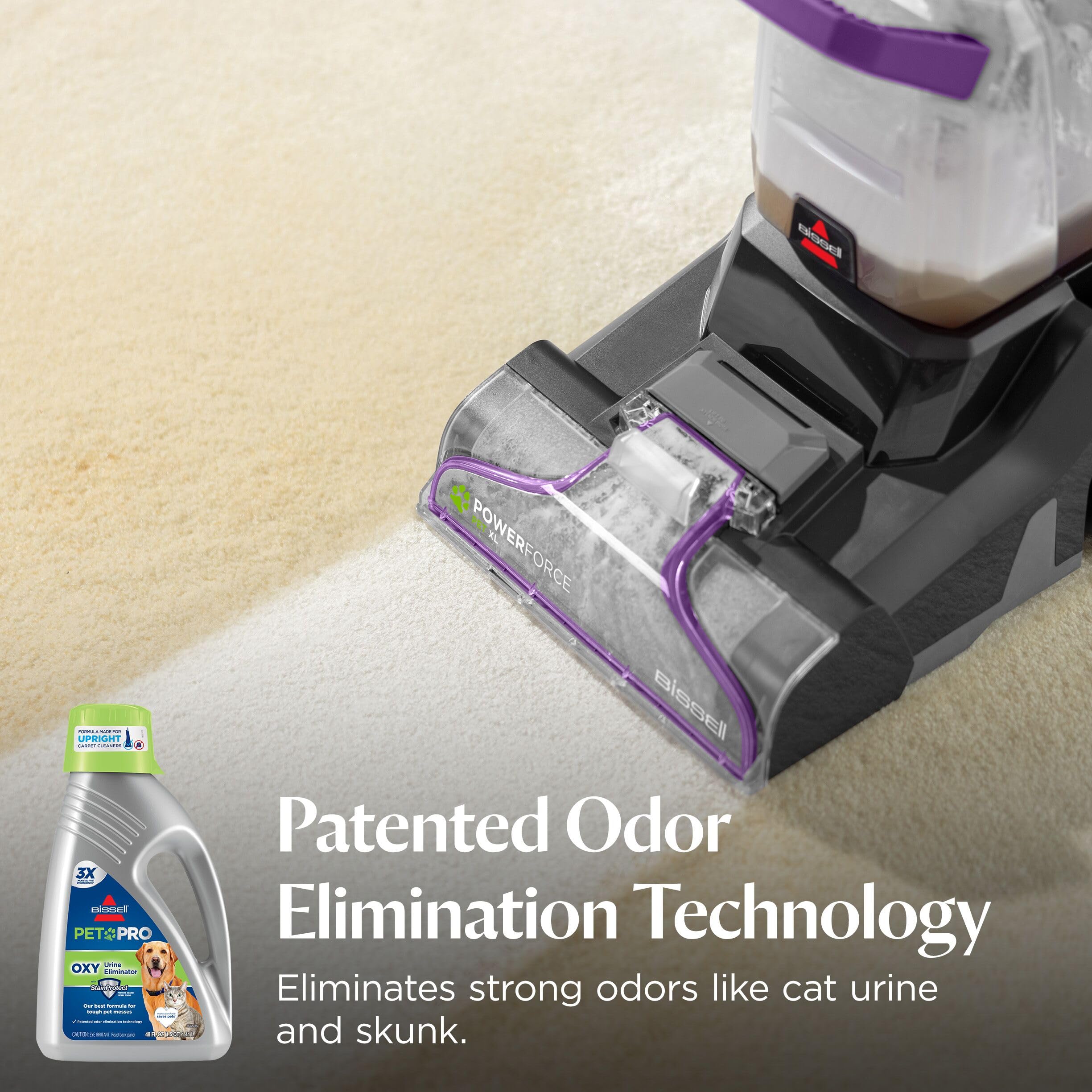 Bissell bottle poured into upright carpet cleaner for deep cleaning