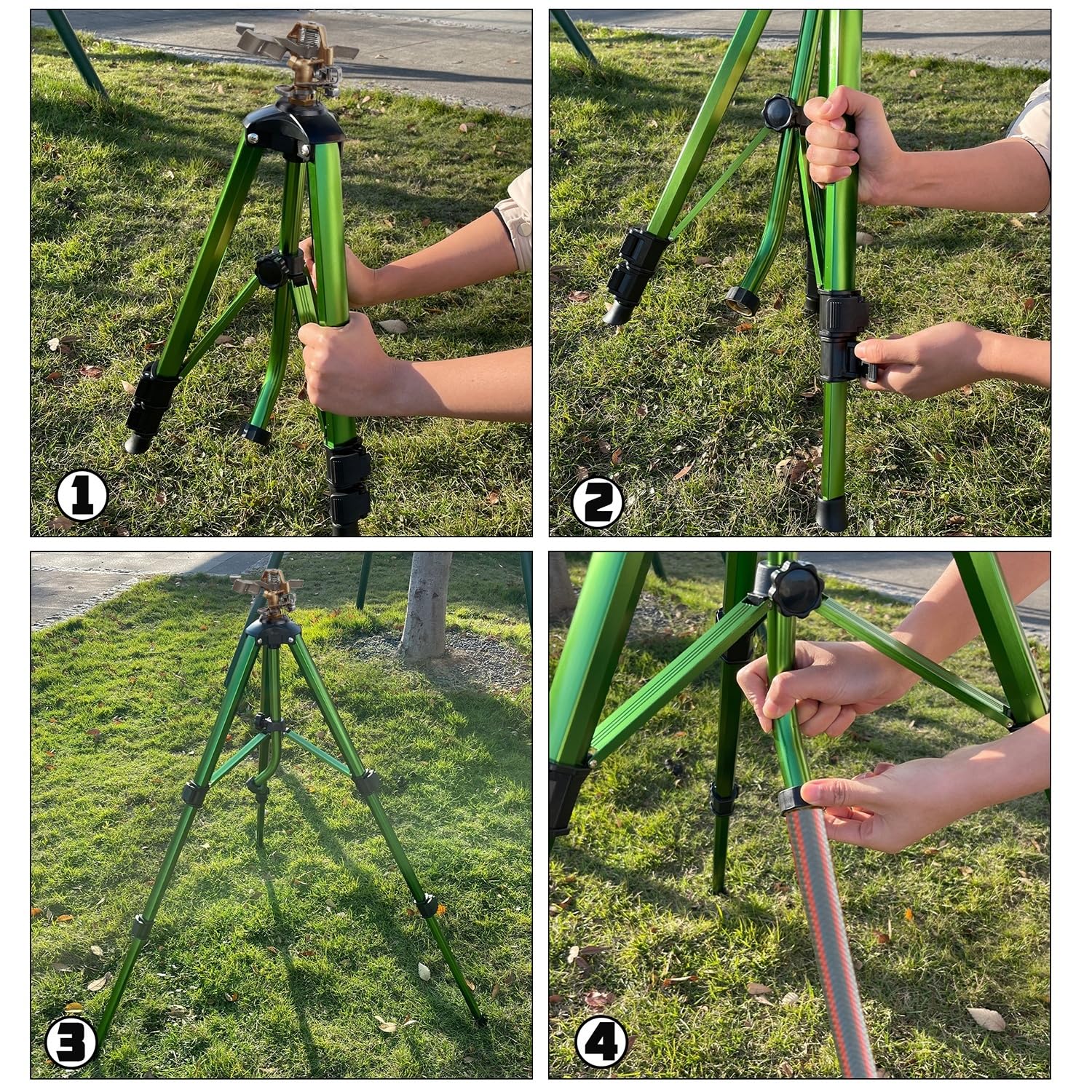 Biswing person adjusting tripod height to increase spray coverage