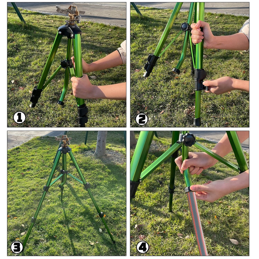 Biswing person adjusting tripod height to increase spray coverage