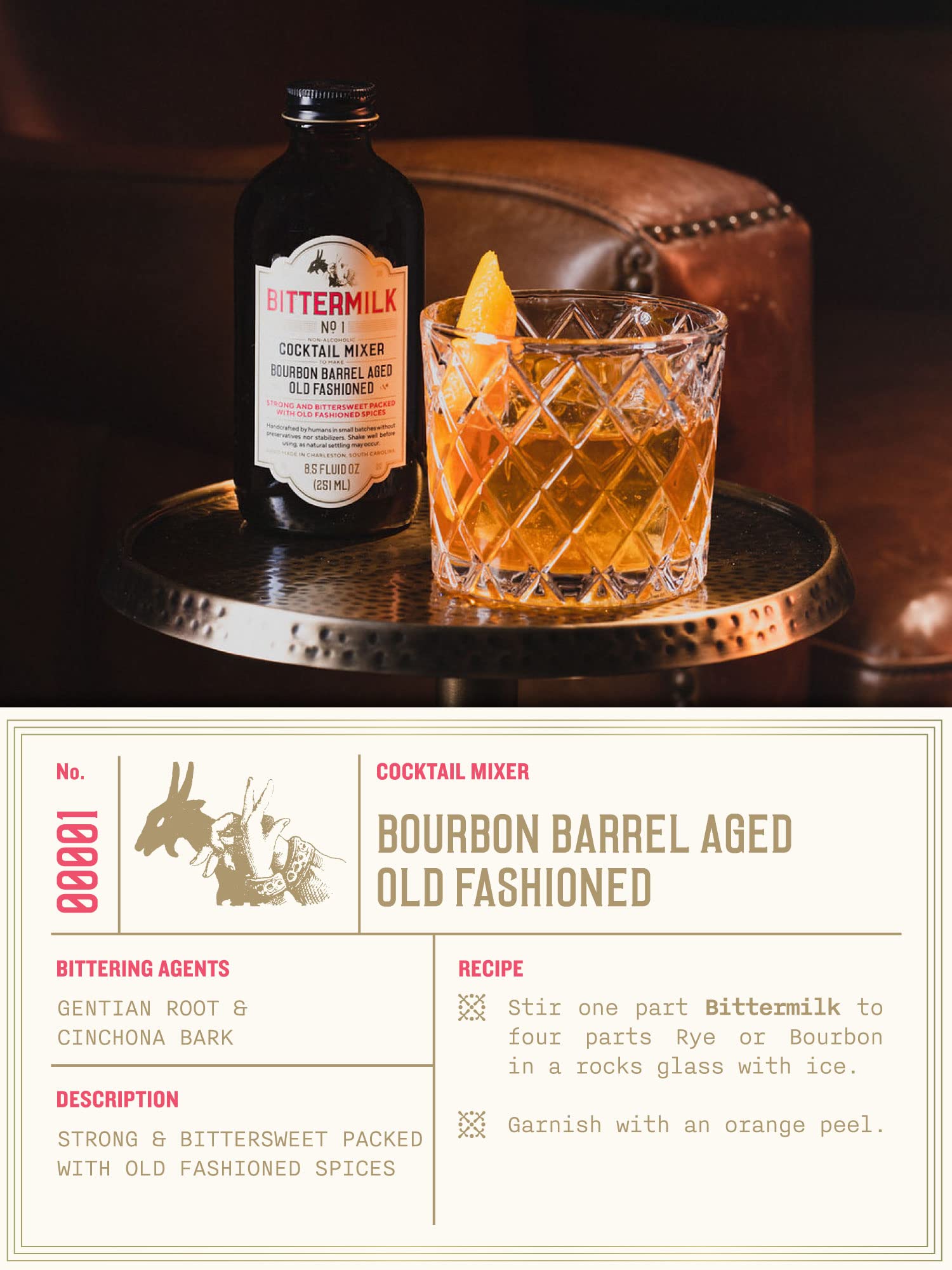 Bittermilk cóctel Old Fashioned preparado con aspecto profesional