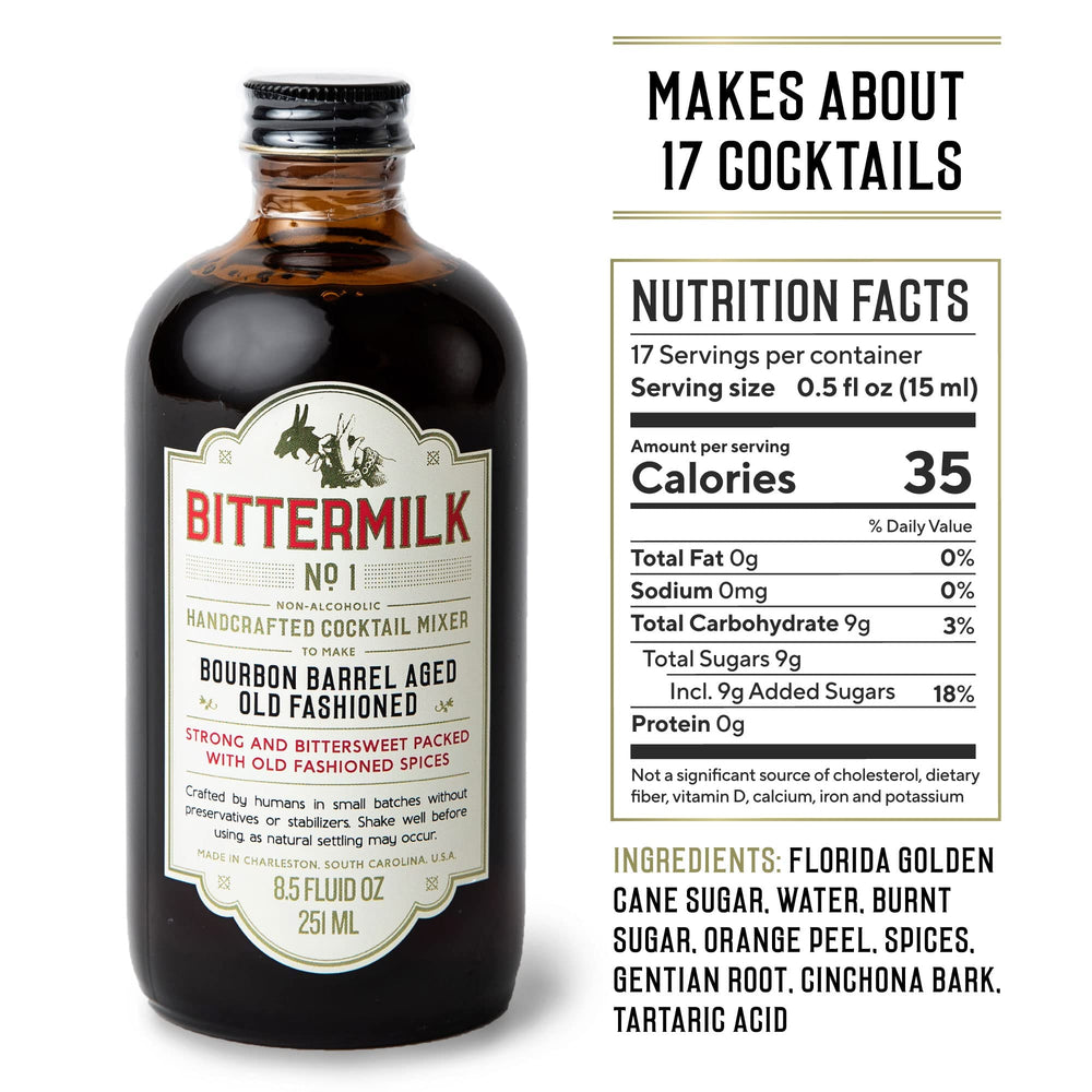 Bittermilk etiqueta de cerca resaltando mezcla artesanal y origen