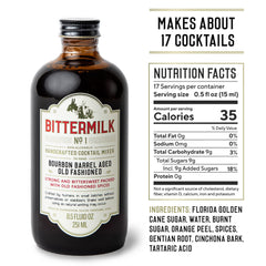 Bittermilk etiqueta de cerca resaltando mezcla artesanal y origen