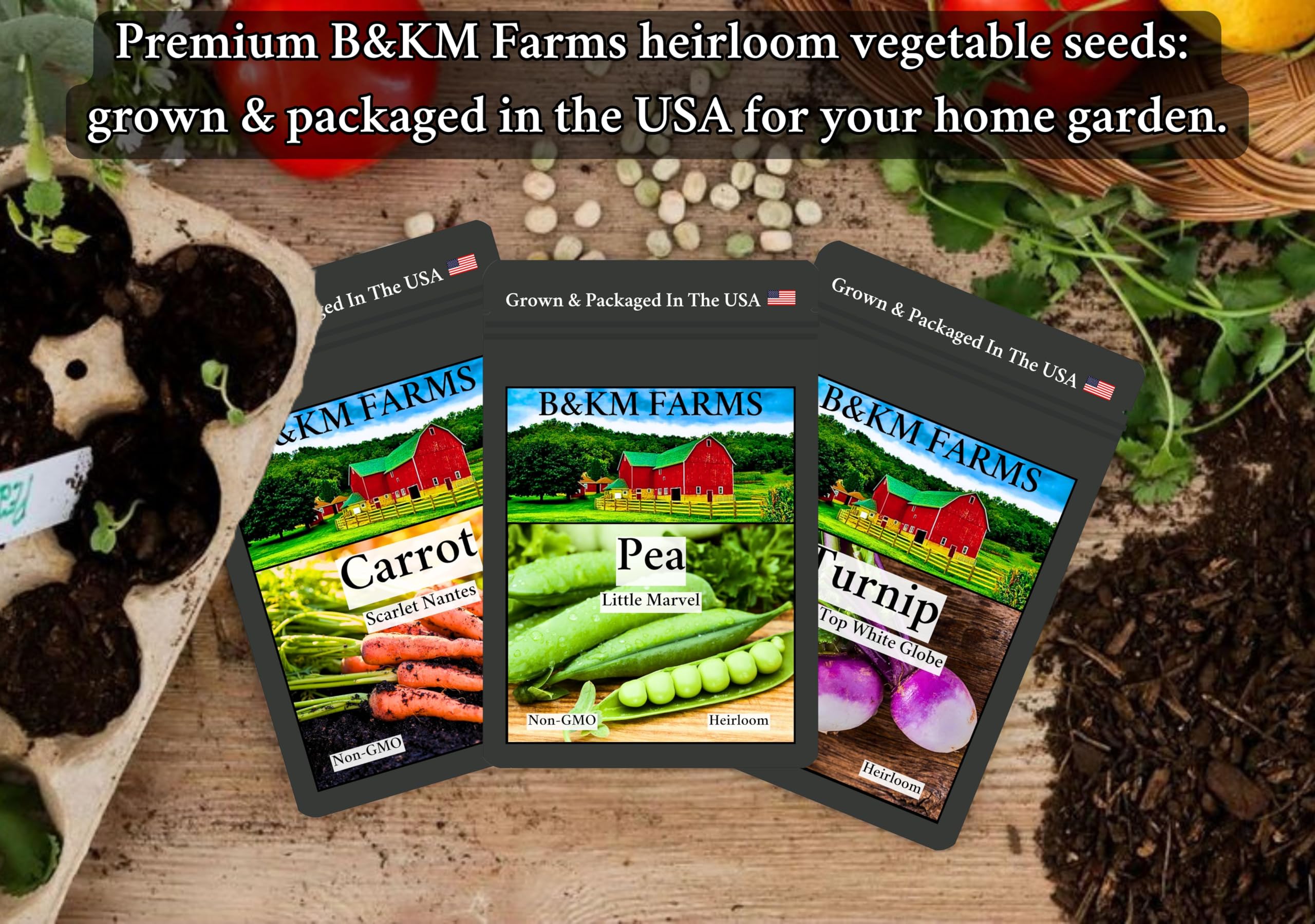B&KM Farms cosecha variada sobre mesa, resultado de cultivo diverso y útil