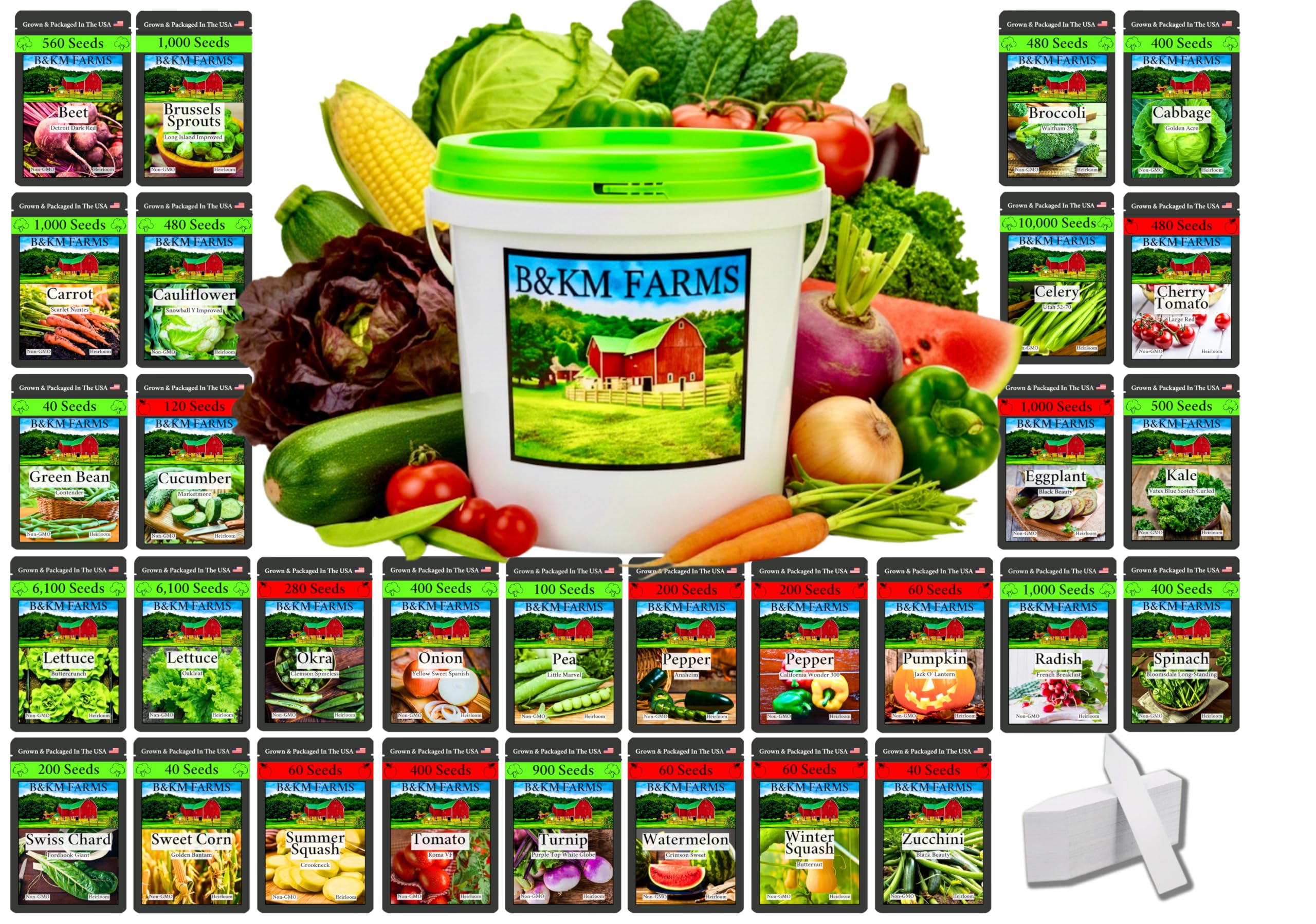 B&KM Farms frente del kit mostrando el cubo resellable y sobres, ideal para conservación