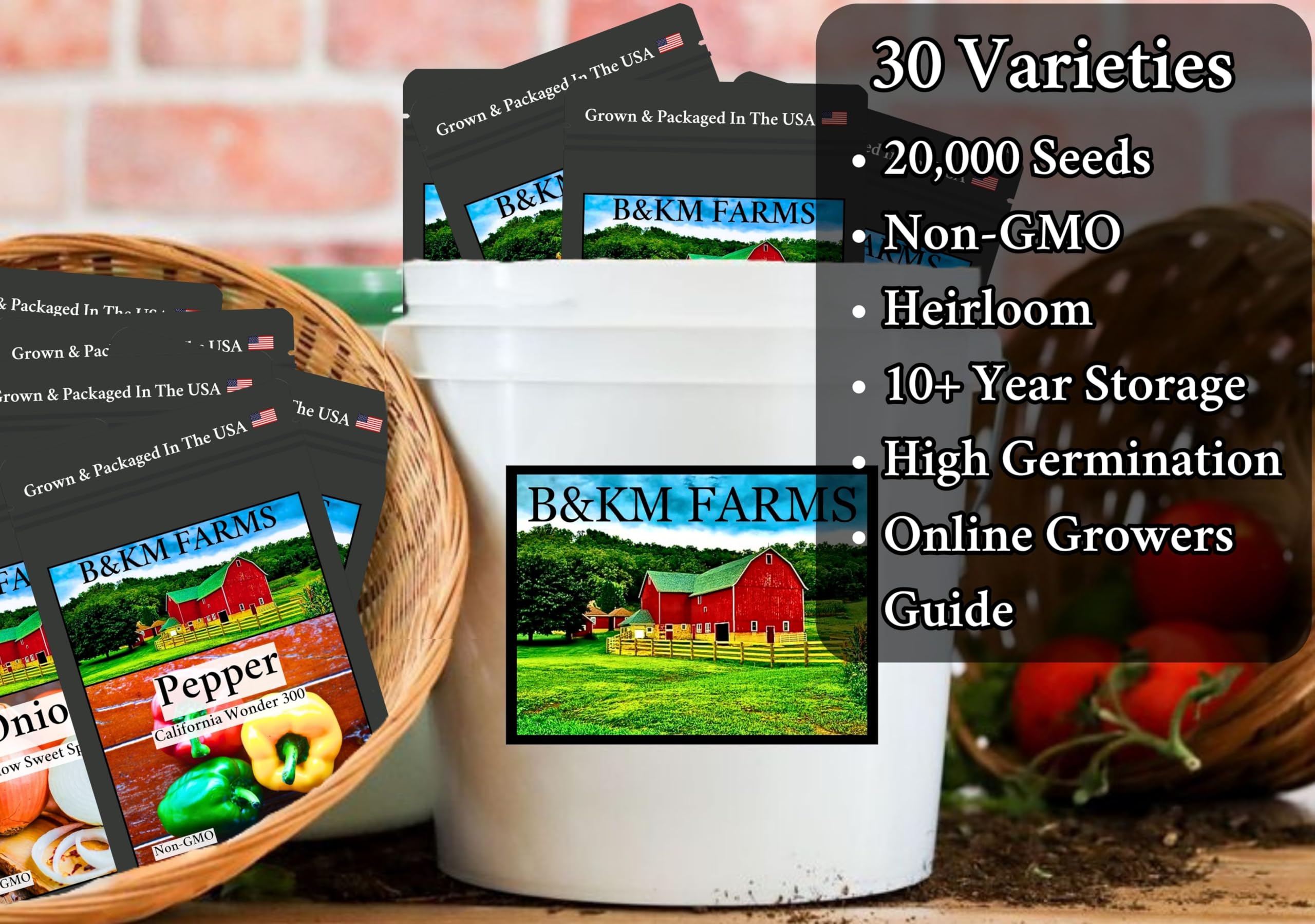 B&KM Farms semillas variadas en primer plano, muestra la diversidad y calidad heirloom